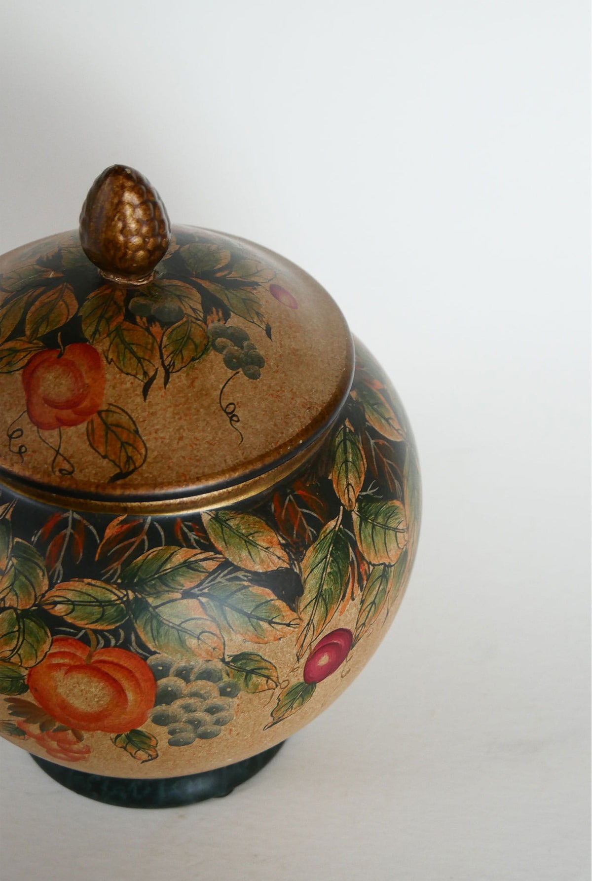 Vintage Hand-Painted Fruit Motif Lidded Jar, Vintage Fruit Jar, VIntage Lidded Fruit Jar, Vintage Fruit Scene Cookie Jar, VIntage Fruit Vase