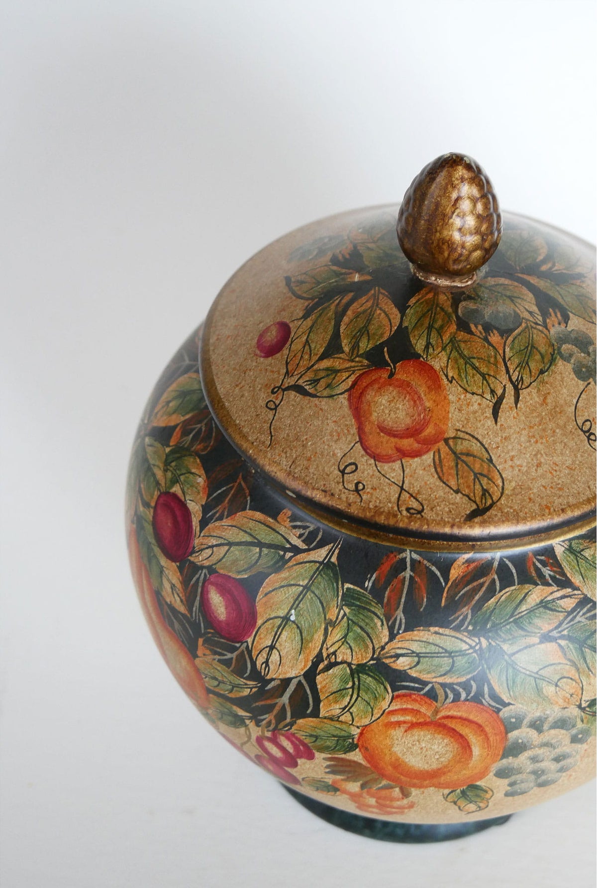 Vintage Hand-Painted Fruit Motif Lidded Jar, Vintage Fruit Jar, VIntage Lidded Fruit Jar, Vintage Fruit Scene Cookie Jar, VIntage Fruit Vase