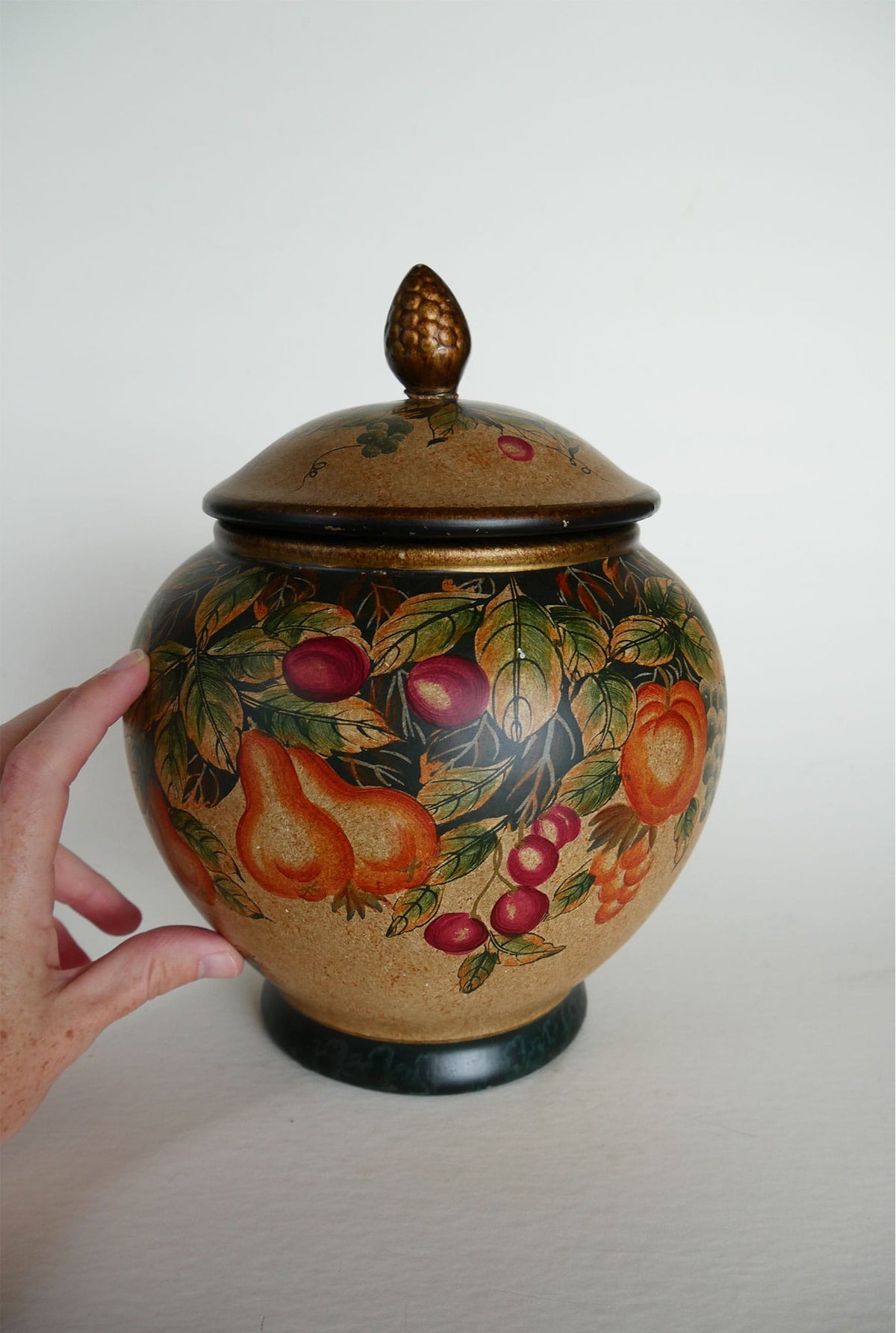 Vintage Hand-Painted Fruit Motif Lidded Jar, Vintage Fruit Jar, VIntage Lidded Fruit Jar, Vintage Fruit Scene Cookie Jar, VIntage Fruit Vase