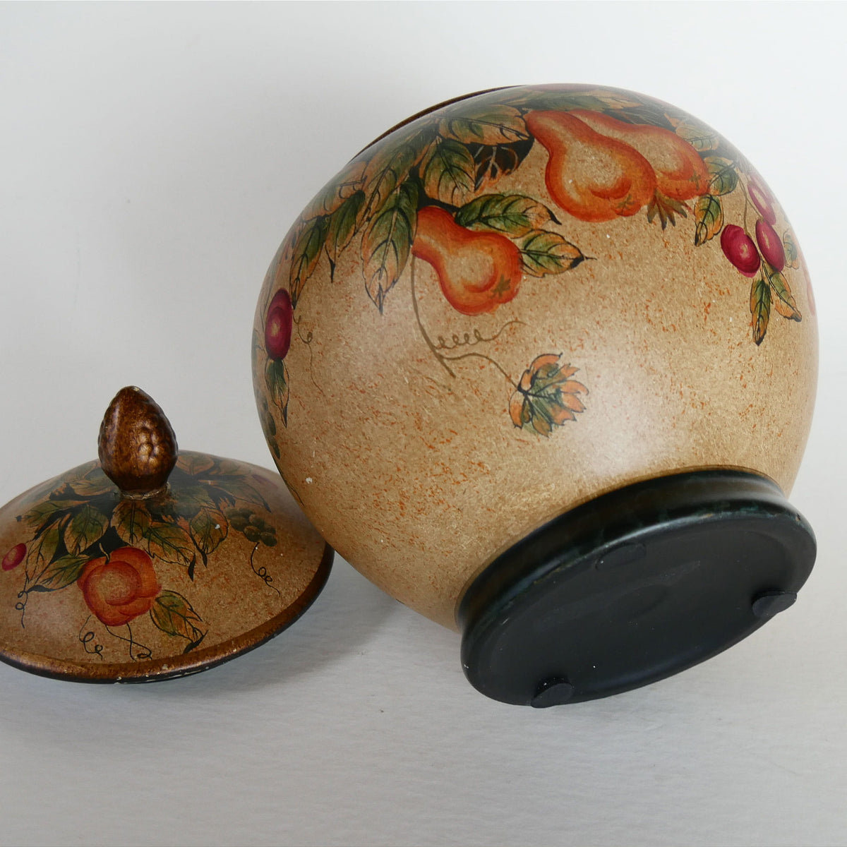 Vintage Hand-Painted Fruit Motif Lidded Jar, Vintage Fruit Jar, VIntage Lidded Fruit Jar, Vintage Fruit Scene Cookie Jar, VIntage Fruit Vase