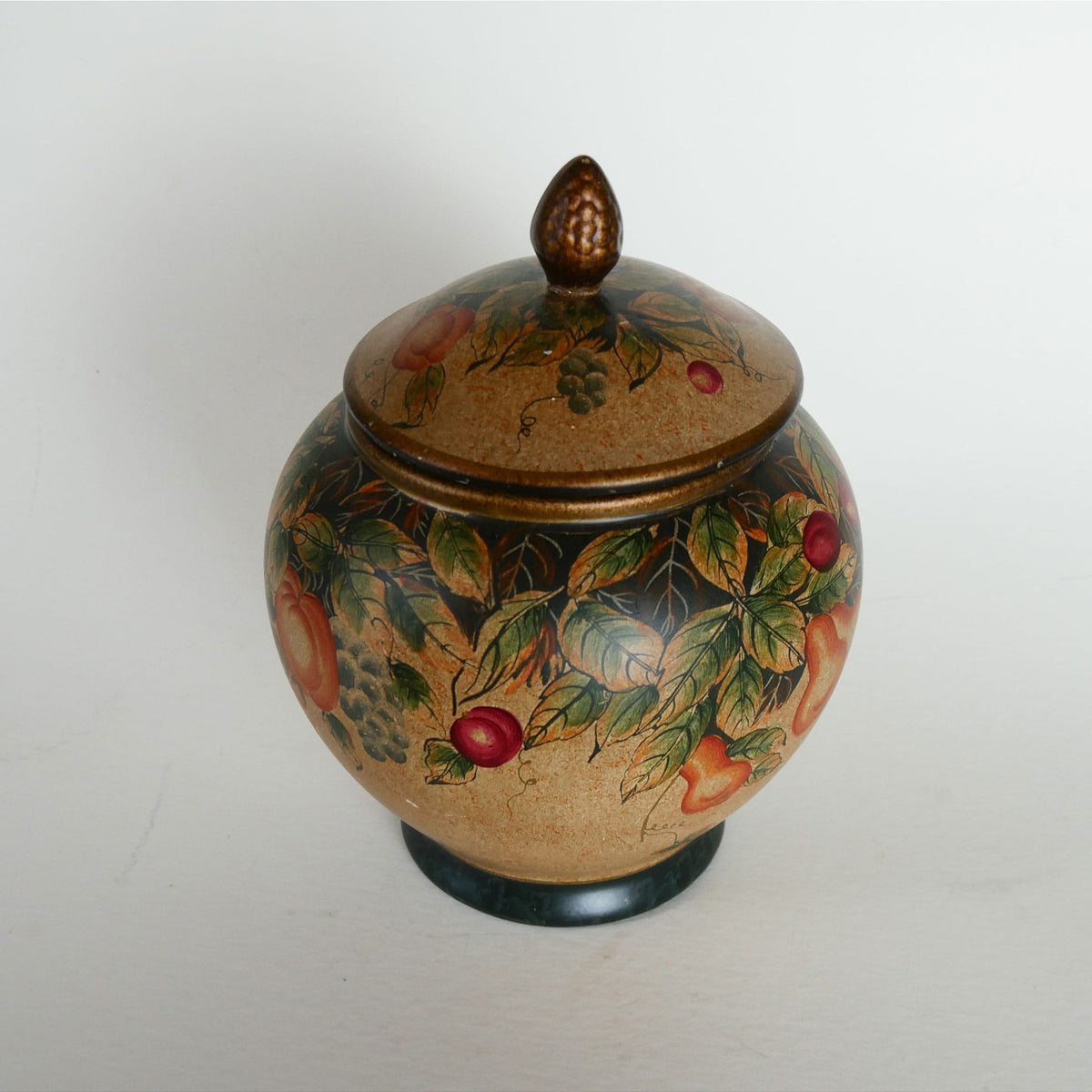 Vintage Hand-Painted Fruit Motif Lidded Jar, Vintage Fruit Jar, VIntage Lidded Fruit Jar, Vintage Fruit Scene Cookie Jar, VIntage Fruit Vase