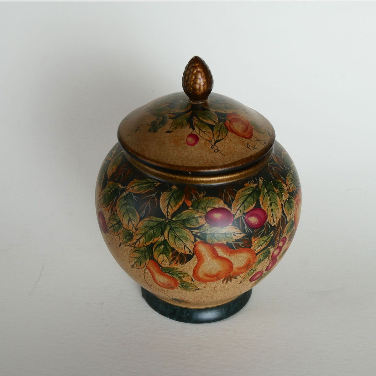 Vintage Hand-Painted Fruit Motif Lidded Jar, Vintage Fruit Jar, VIntage Lidded Fruit Jar, Vintage Fruit Scene Cookie Jar, VIntage Fruit Vase