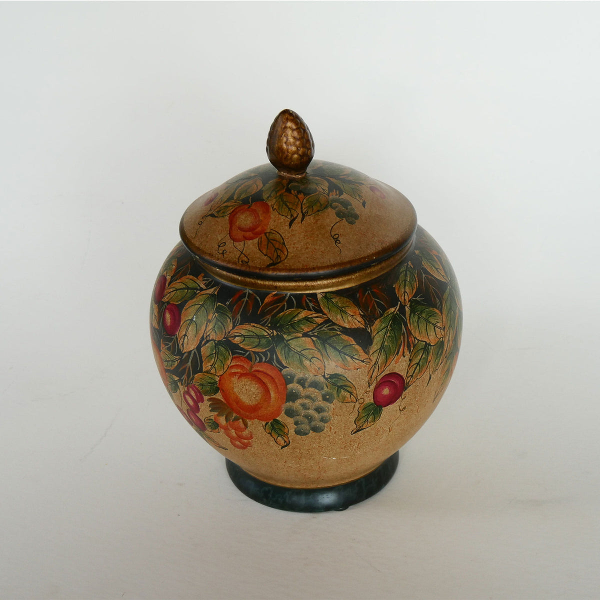 Vintage Hand-Painted Fruit Motif Lidded Jar, Vintage Fruit Jar, VIntage Lidded Fruit Jar, Vintage Fruit Scene Cookie Jar, VIntage Fruit Vase