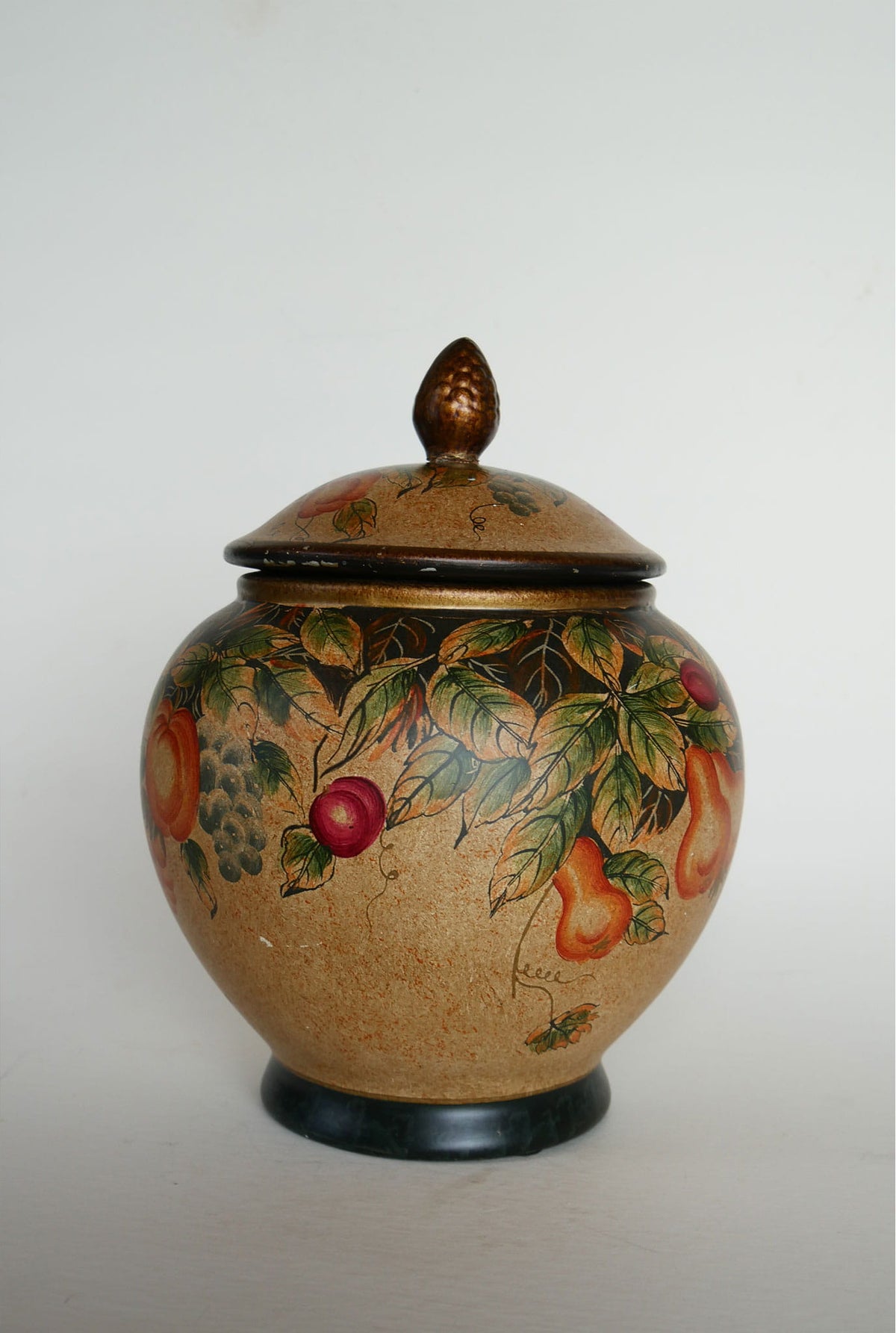 Vintage Hand-Painted Fruit Motif Lidded Jar, Vintage Fruit Jar, VIntage Lidded Fruit Jar, Vintage Fruit Scene Cookie Jar, VIntage Fruit Vase