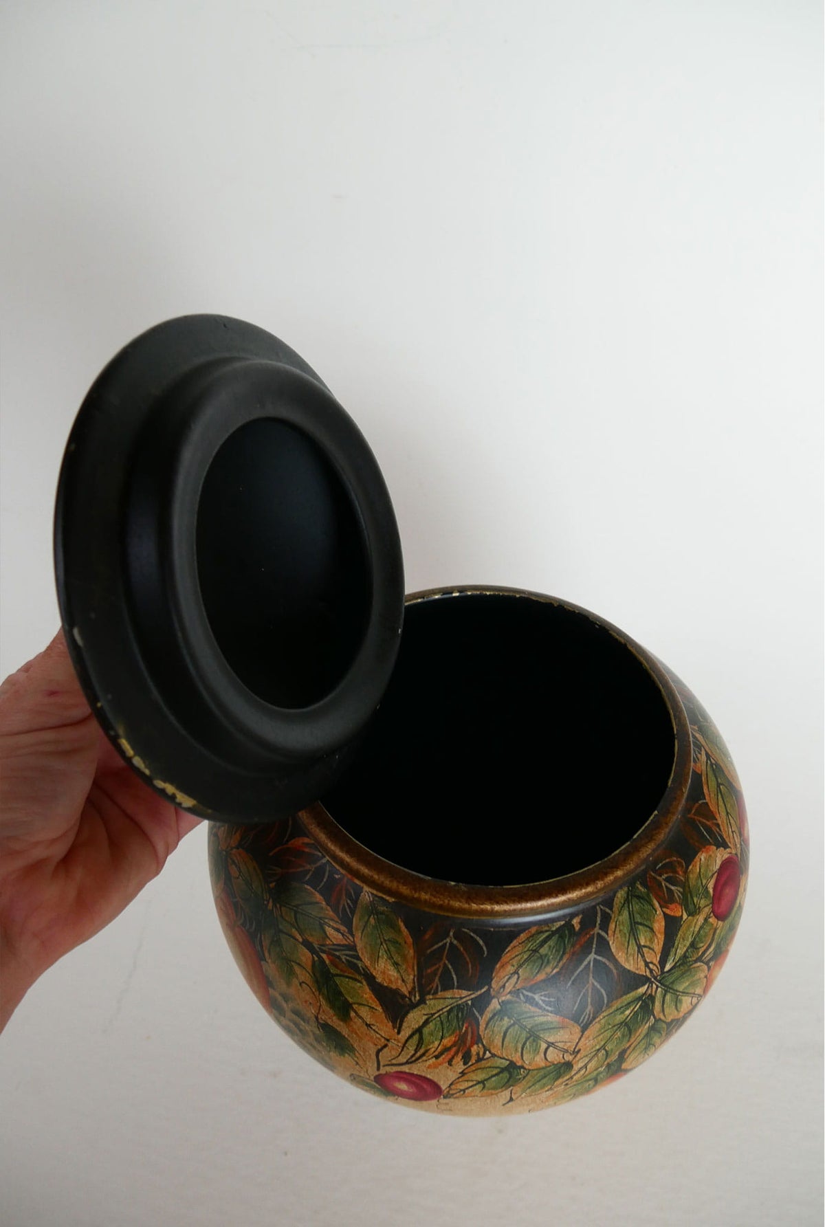 Vintage Hand-Painted Fruit Motif Lidded Jar, Vintage Fruit Jar, VIntage Lidded Fruit Jar, Vintage Fruit Scene Cookie Jar, VIntage Fruit Vase