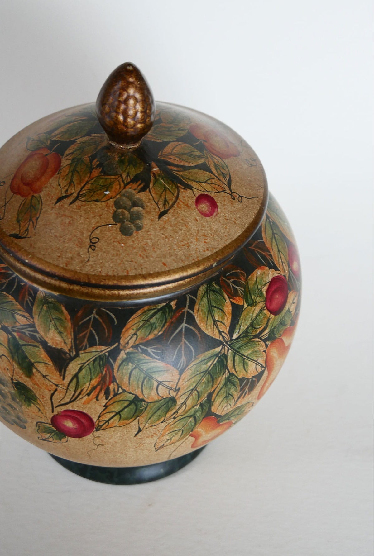 Vintage Hand-Painted Fruit Motif Lidded Jar, Vintage Fruit Jar, VIntage Lidded Fruit Jar, Vintage Fruit Scene Cookie Jar, VIntage Fruit Vase