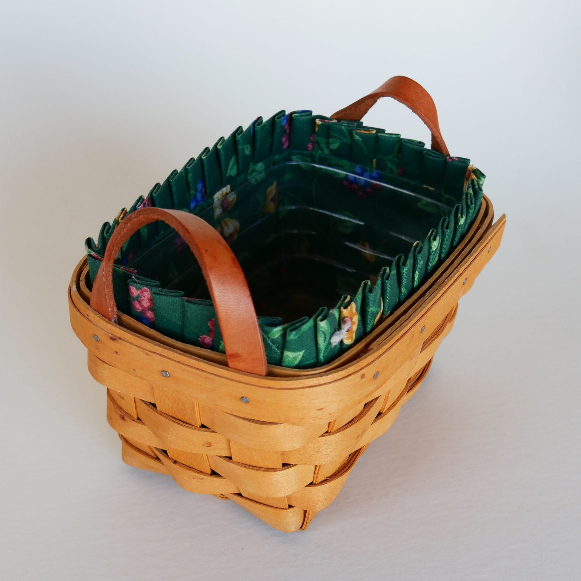 Longaberger Tea Basket, Green Floral Liner, Vintage Longaberger Tea Basket with Liner, Vintage Tea Basket with Liner, Vintage Basket with Fabric Liner, Vintage Wicker Basket, Longaberger Basket with Fabric Liner