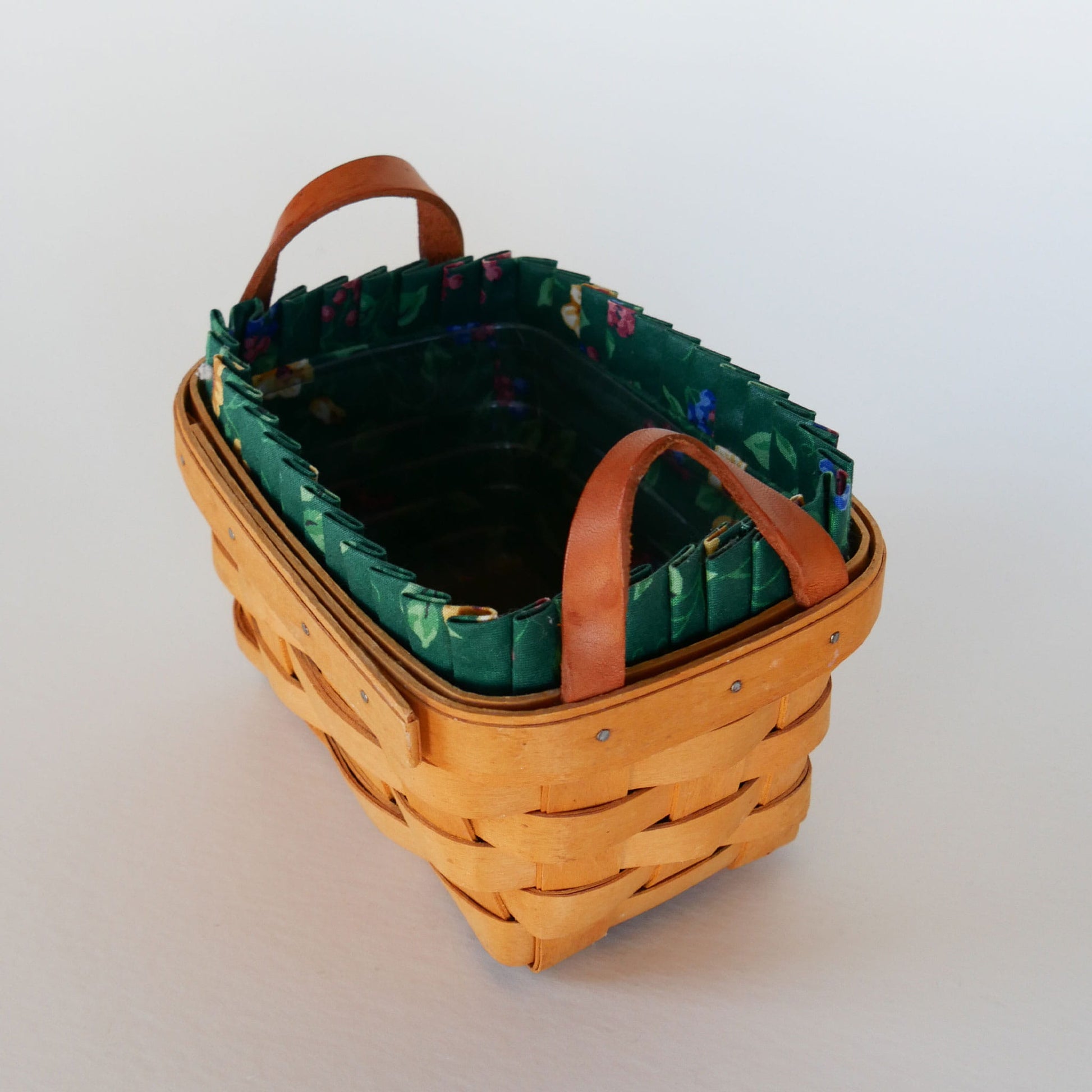 Longaberger Tea Basket, Green Floral Liner, Vintage Longaberger Tea Basket with Liner, Vintage Tea Basket with Liner, Vintage Basket with Fabric Liner, Vintage Wicker Basket, Longaberger Basket with Fabric Liner