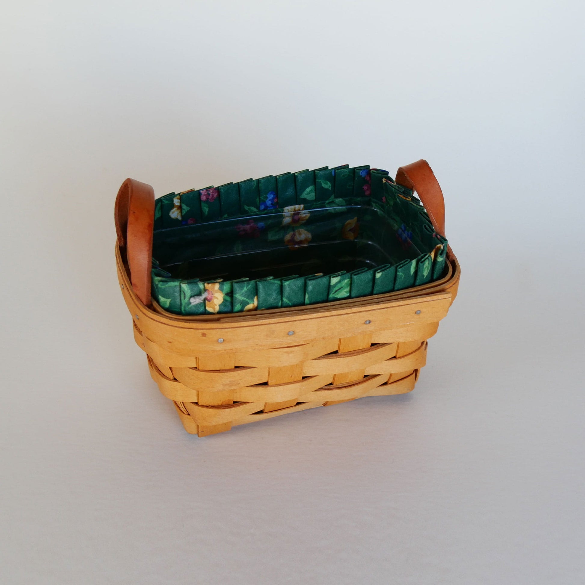 Longaberger Tea Basket, Green Floral Liner, Vintage Longaberger Tea Basket with Liner, Vintage Tea Basket with Liner, Vintage Basket with Fabric Liner, Vintage Wicker Basket, Longaberger Basket with Fabric Liner