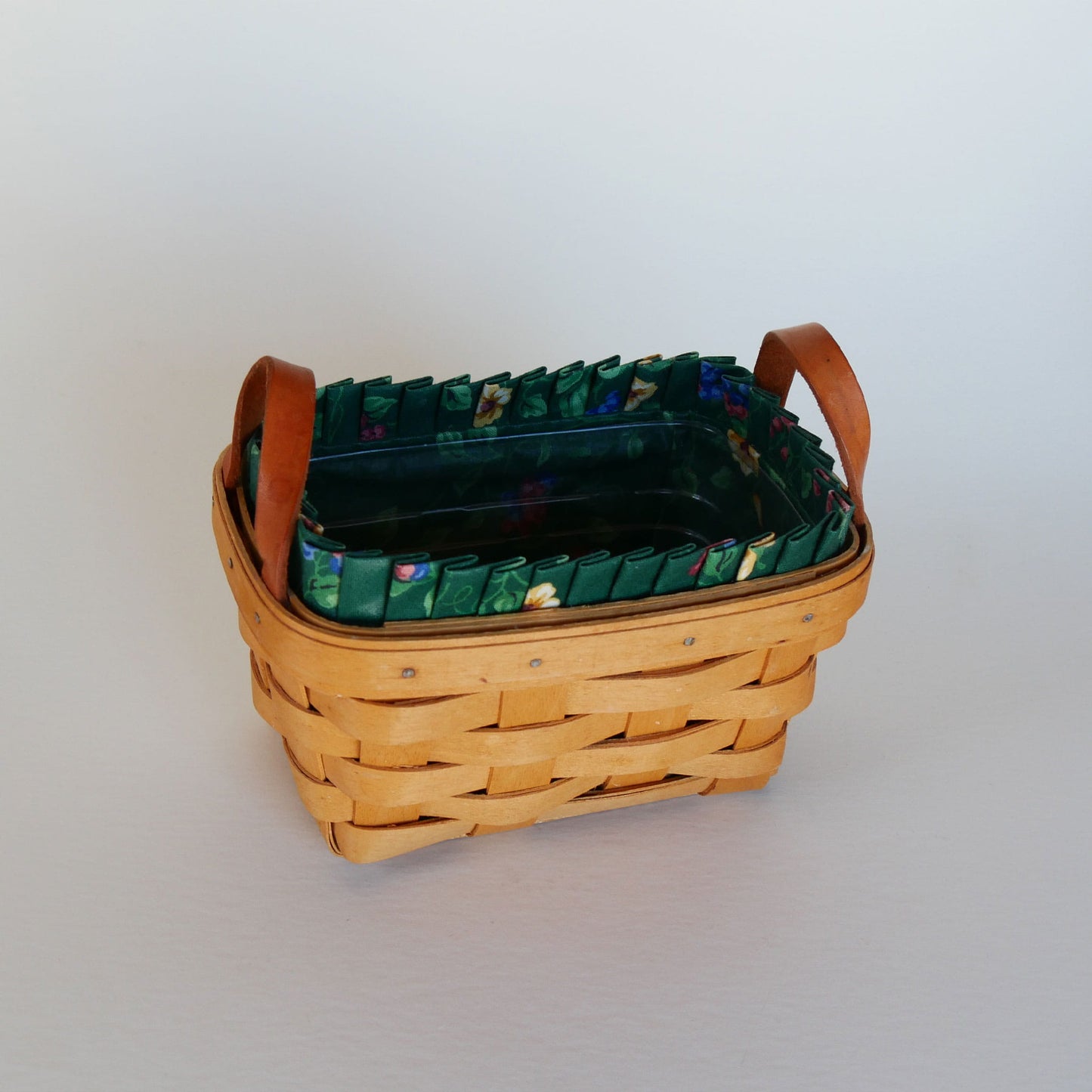 Longaberger Tea Basket, Green Floral Liner, Vintage Longaberger Tea Basket with Liner, Vintage Tea Basket with Liner, Vintage Basket with Fabric Liner, Vintage Wicker Basket, Longaberger Basket with Fabric Liner