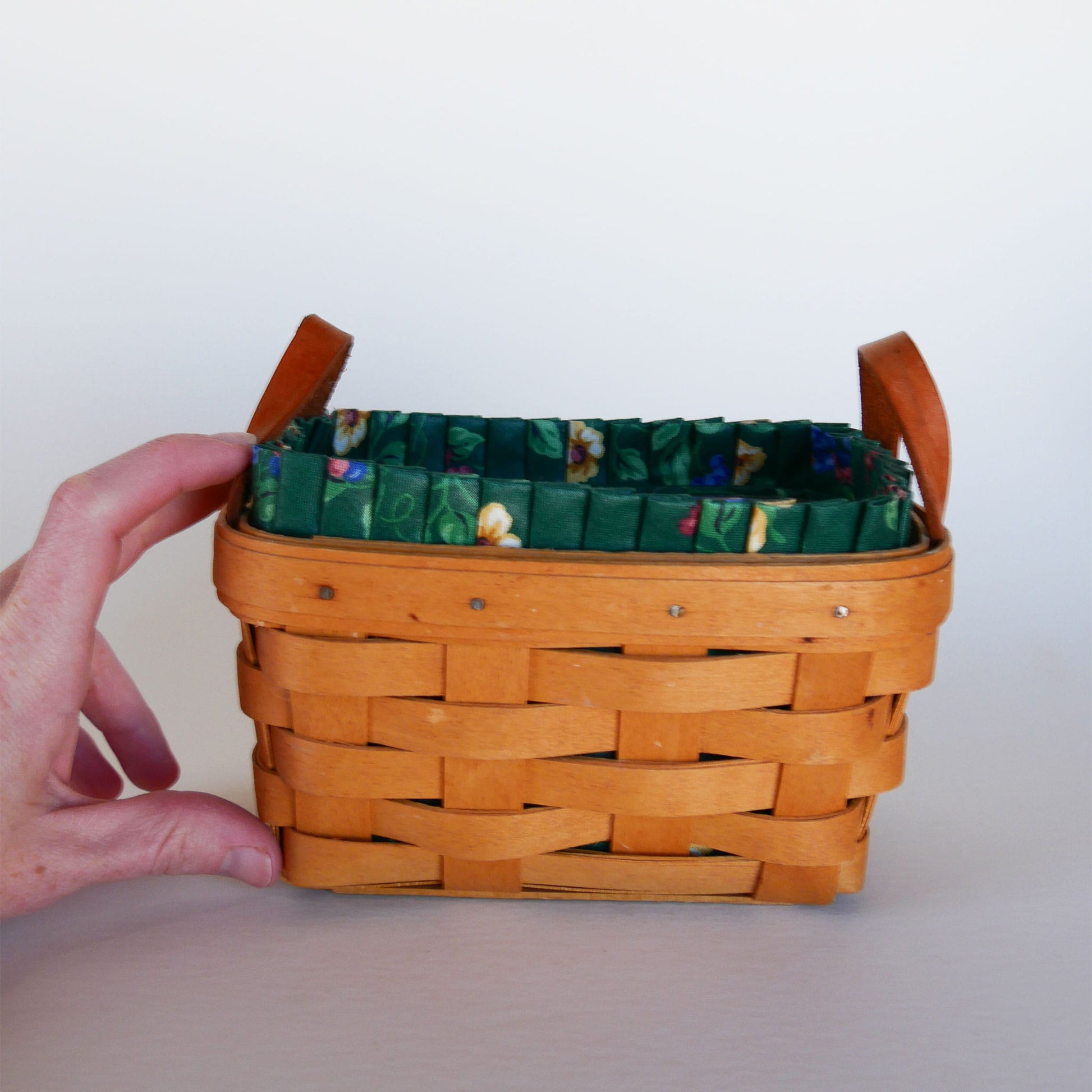 Longaberger Tea Basket, Green Floral Liner, Vintage Longaberger Tea Basket with Liner, Vintage Tea Basket with Liner, Vintage Basket with Fabric Liner, Vintage Wicker Basket, Longaberger Basket with Fabric Liner