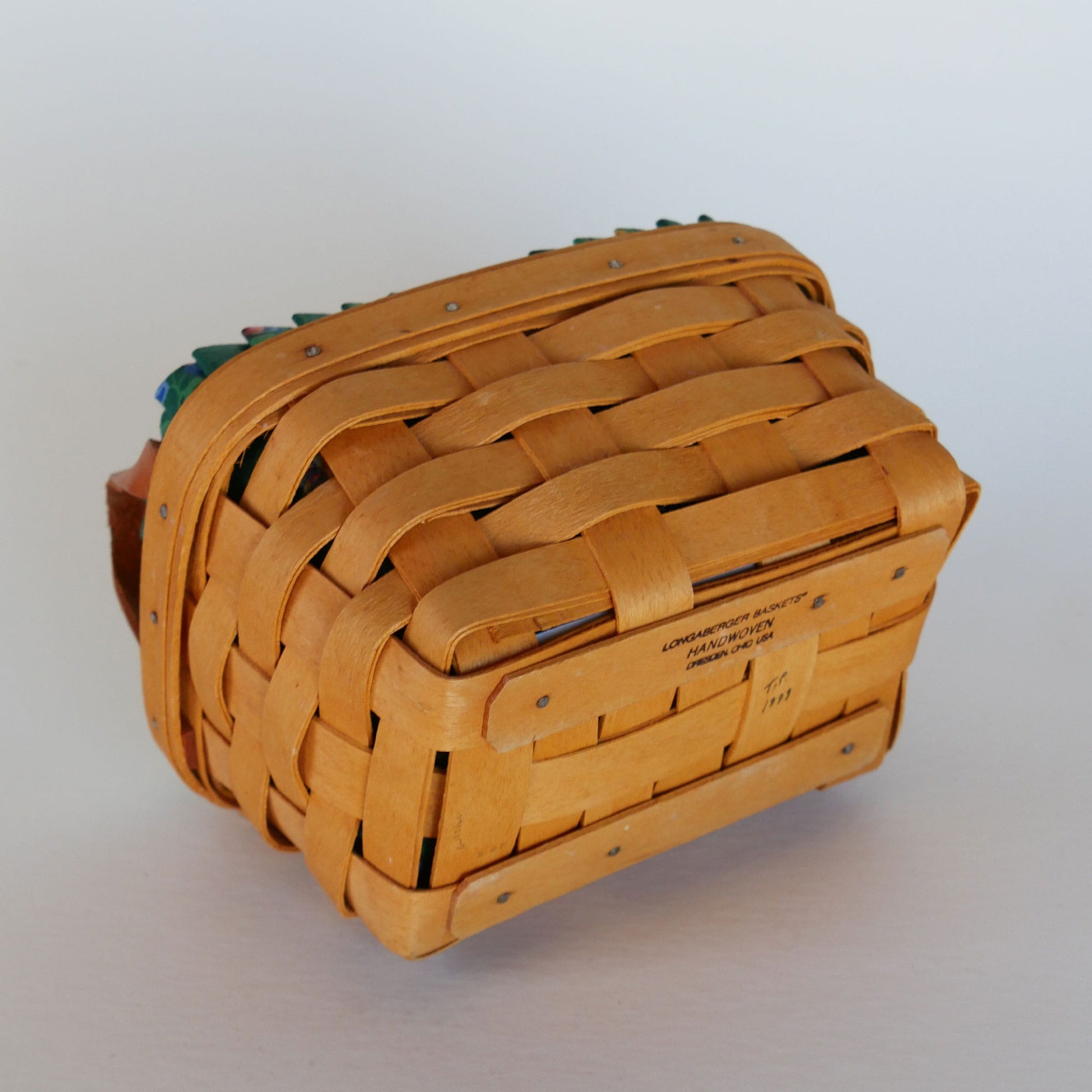 Longaberger Tea Basket, Green Floral Liner, Vintage Longaberger Tea Basket with Liner, Vintage Tea Basket with Liner, Vintage Basket with Fabric Liner, Vintage Wicker Basket, Longaberger Basket with Fabric Liner