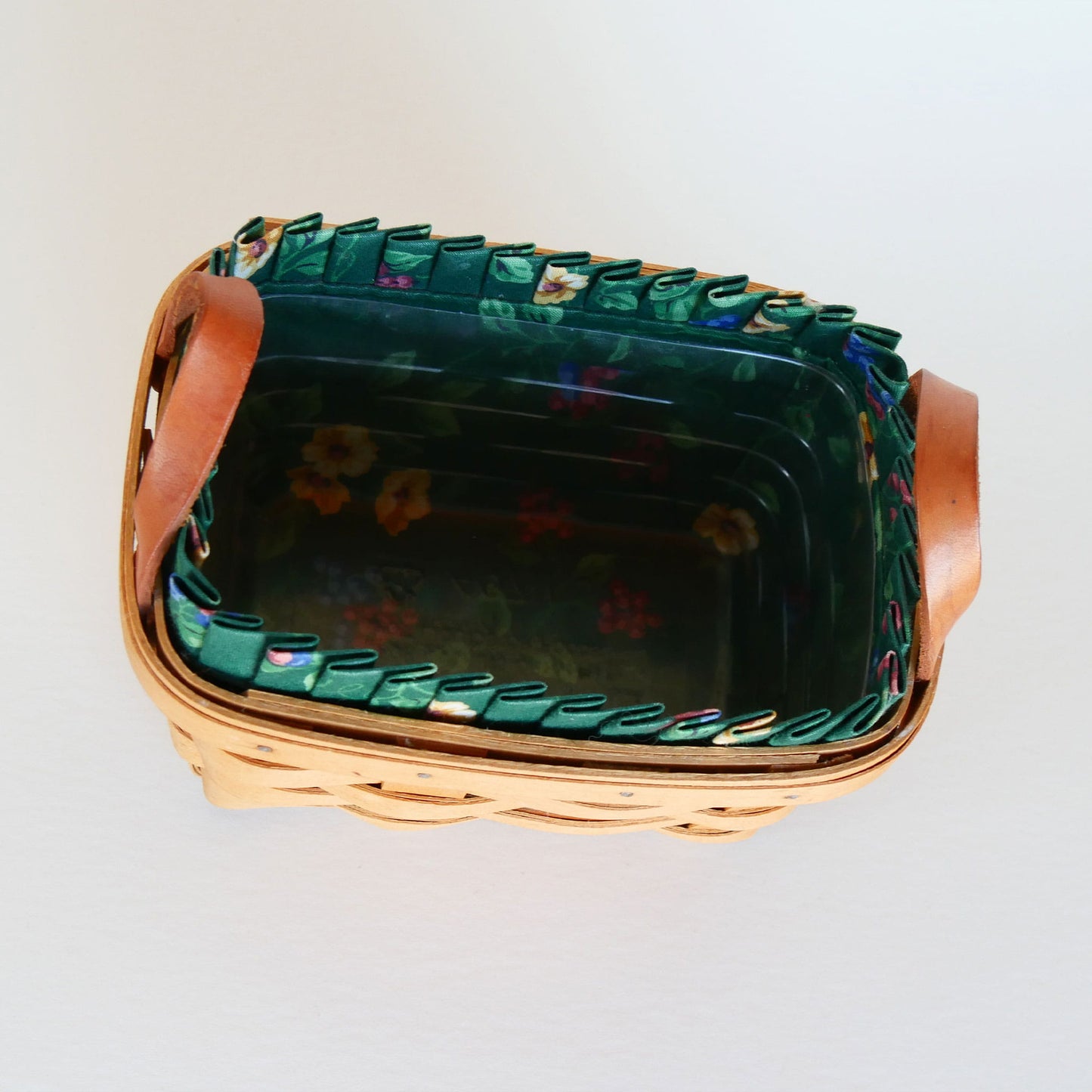 Longaberger Tea Basket, Green Floral Liner, Vintage Longaberger Tea Basket with Liner, Vintage Tea Basket with Liner, Vintage Basket with Fabric Liner, Vintage Wicker Basket, Longaberger Basket with Fabric Liner