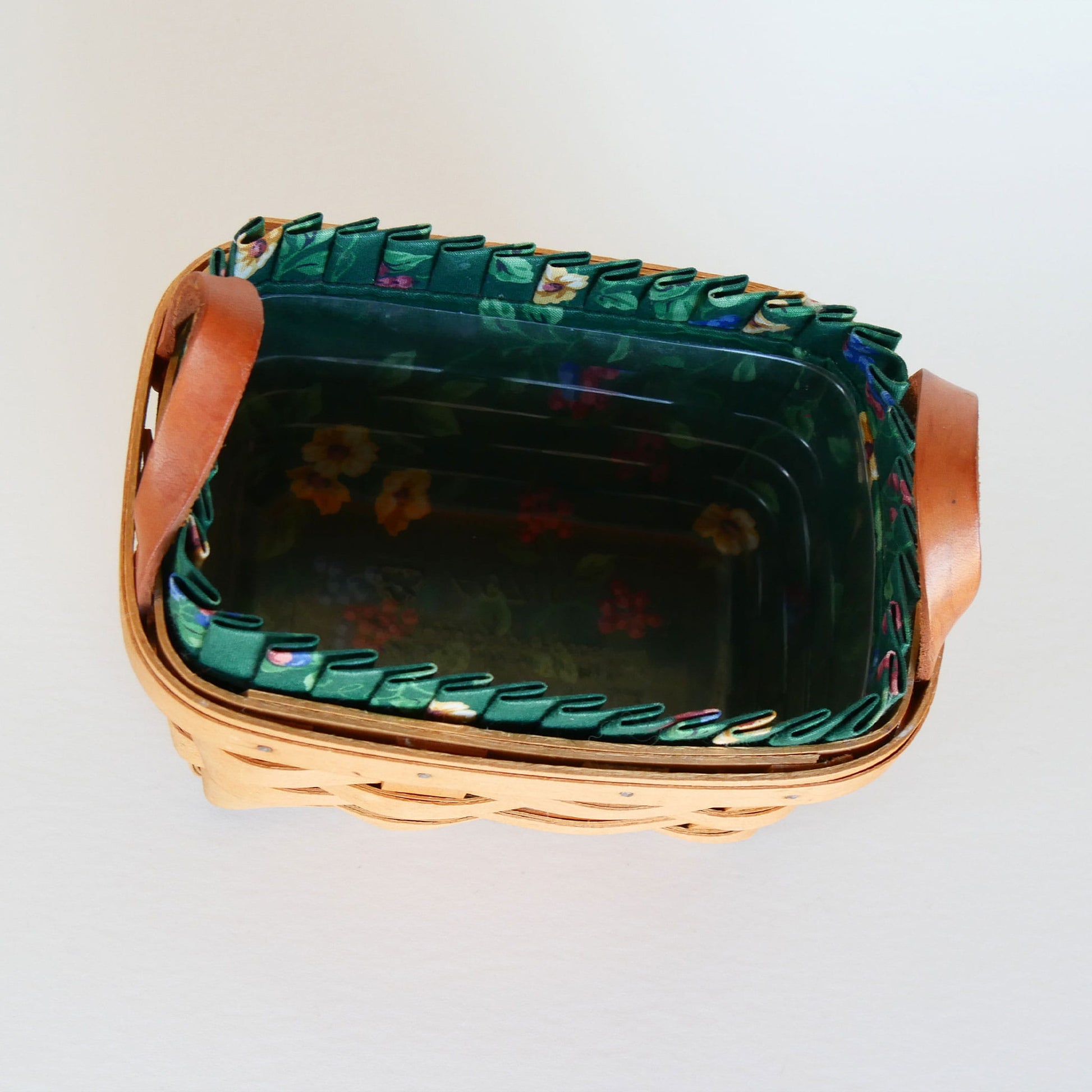 Longaberger Tea Basket, Green Floral Liner, Vintage Longaberger Tea Basket with Liner, Vintage Tea Basket with Liner, Vintage Basket with Fabric Liner, Vintage Wicker Basket, Longaberger Basket with Fabric Liner