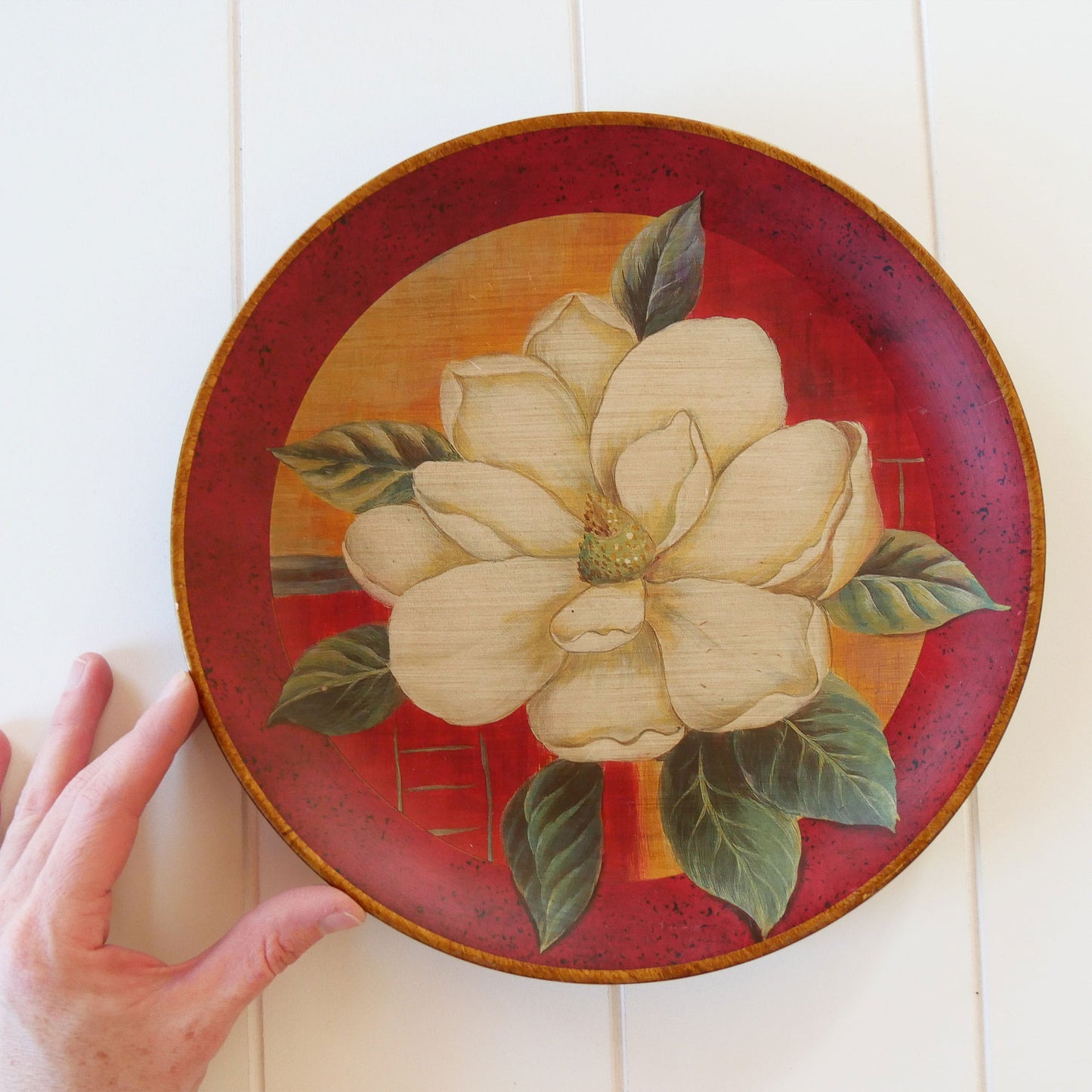 Vintage Magnolia Plate Decor, Vintage Floral Plate Decor, Vintage Red Plate White Floral Design, Vintage Plate Wall, Vintage FLoral Plate Wall, Vintage Wall DEcor