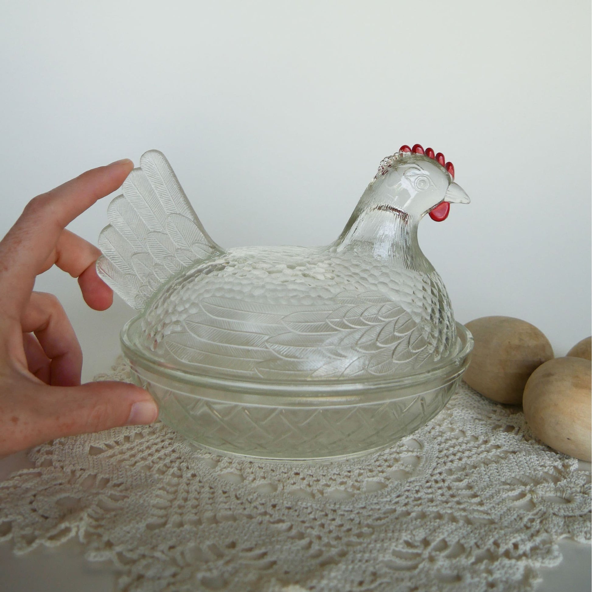 Vintage Clear Glass Nesting Chicken, Medium, Vintage Glass Nesting Hen, Vintage Farmhouse Decor, Vintage Farmhouse Kitchen Decor