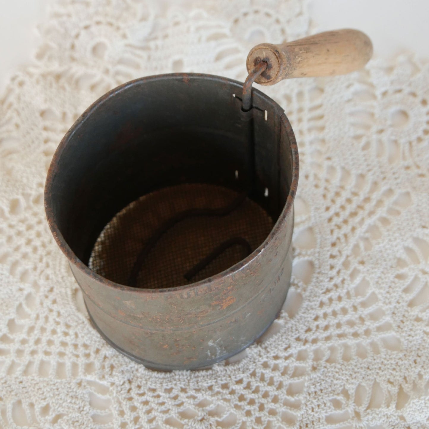 Vintage Metal Sifter with Wood Handle, Vintage Farmhouse Decor, Vintage Metal Sifter, Vintage Sifter Vintage Farmhouse Kitchen