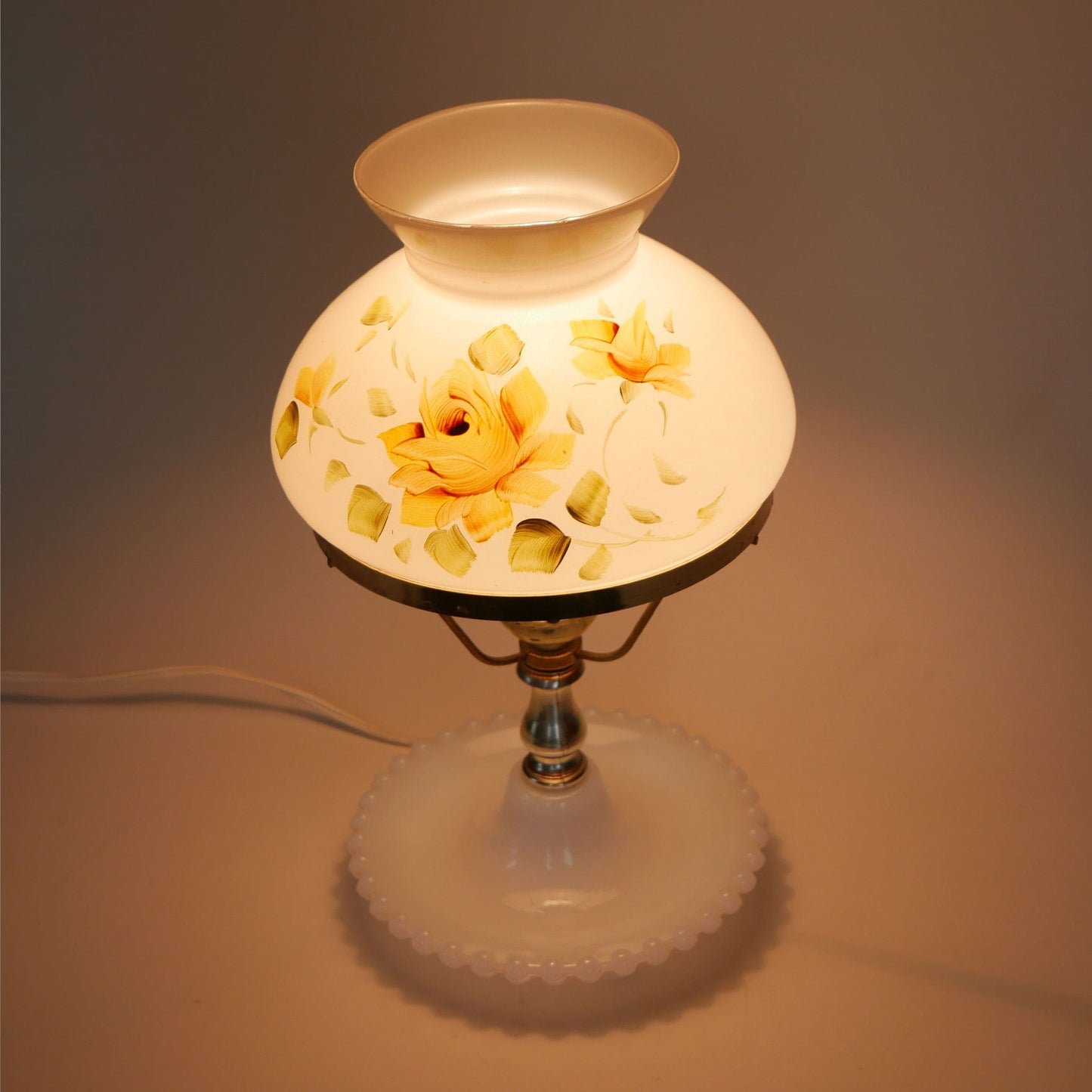 Vintage Hobnail Milk Glass Yellow Floral Table Lamp