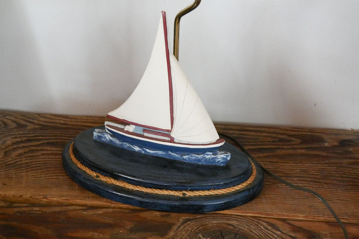Vintage Wood Carved Sailboat Lamp, Vintage Nautical Lamp, VIntage COastal Lamp, Coastal Cottage Lamp, Vintage Sailboat Lamp