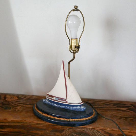 Vintage Wood Carved Sailboat Lamp, Vintage Nautical Lamp, VIntage COastal Lamp, Coastal Cottage Lamp, Vintage Sailboat Lamp