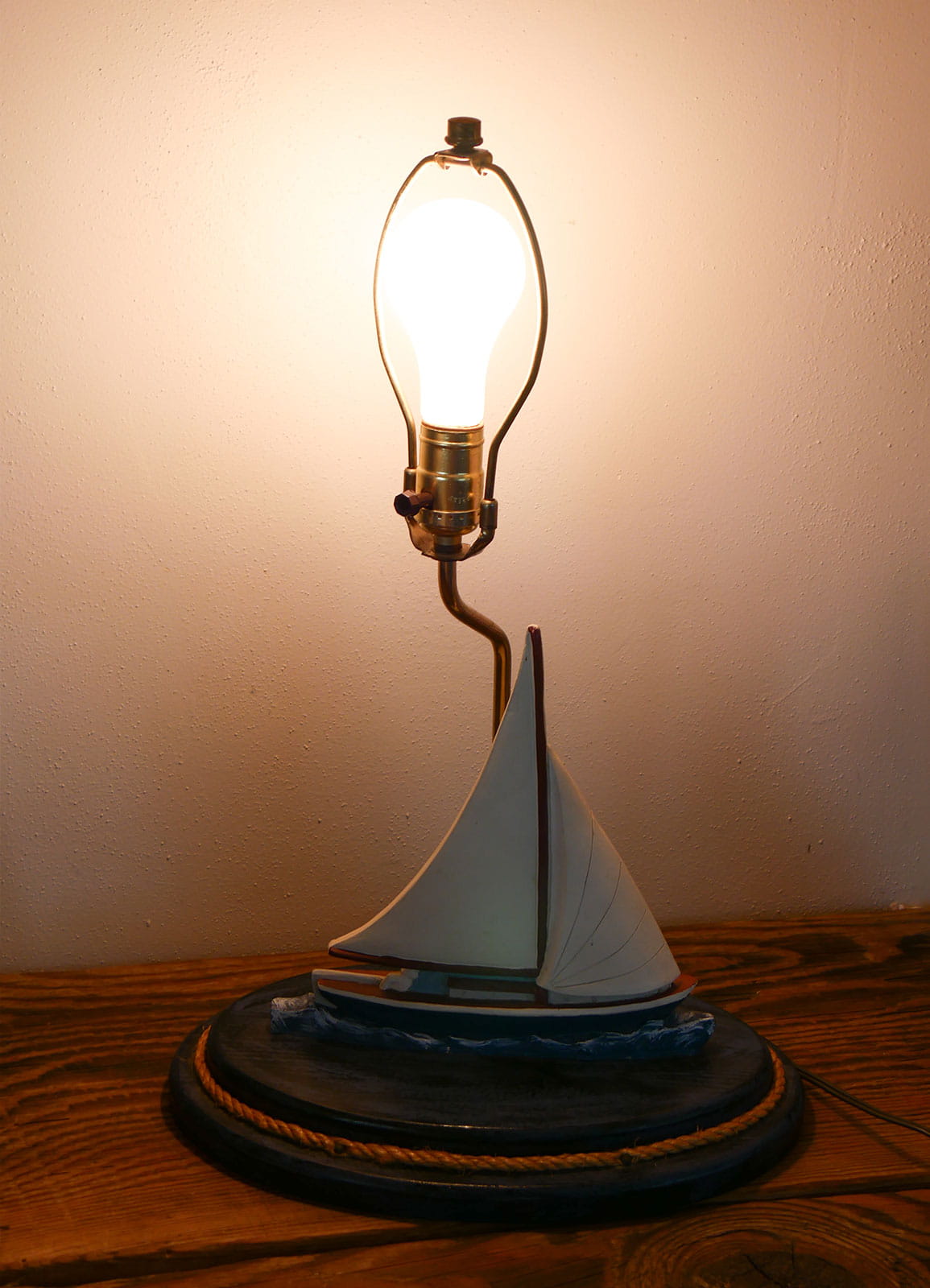 Vintage Wood Carved Sailboat Lamp, Vintage Nautical Lamp, VIntage COastal Lamp, Coastal Cottage Lamp, Vintage Sailboat Lamp
