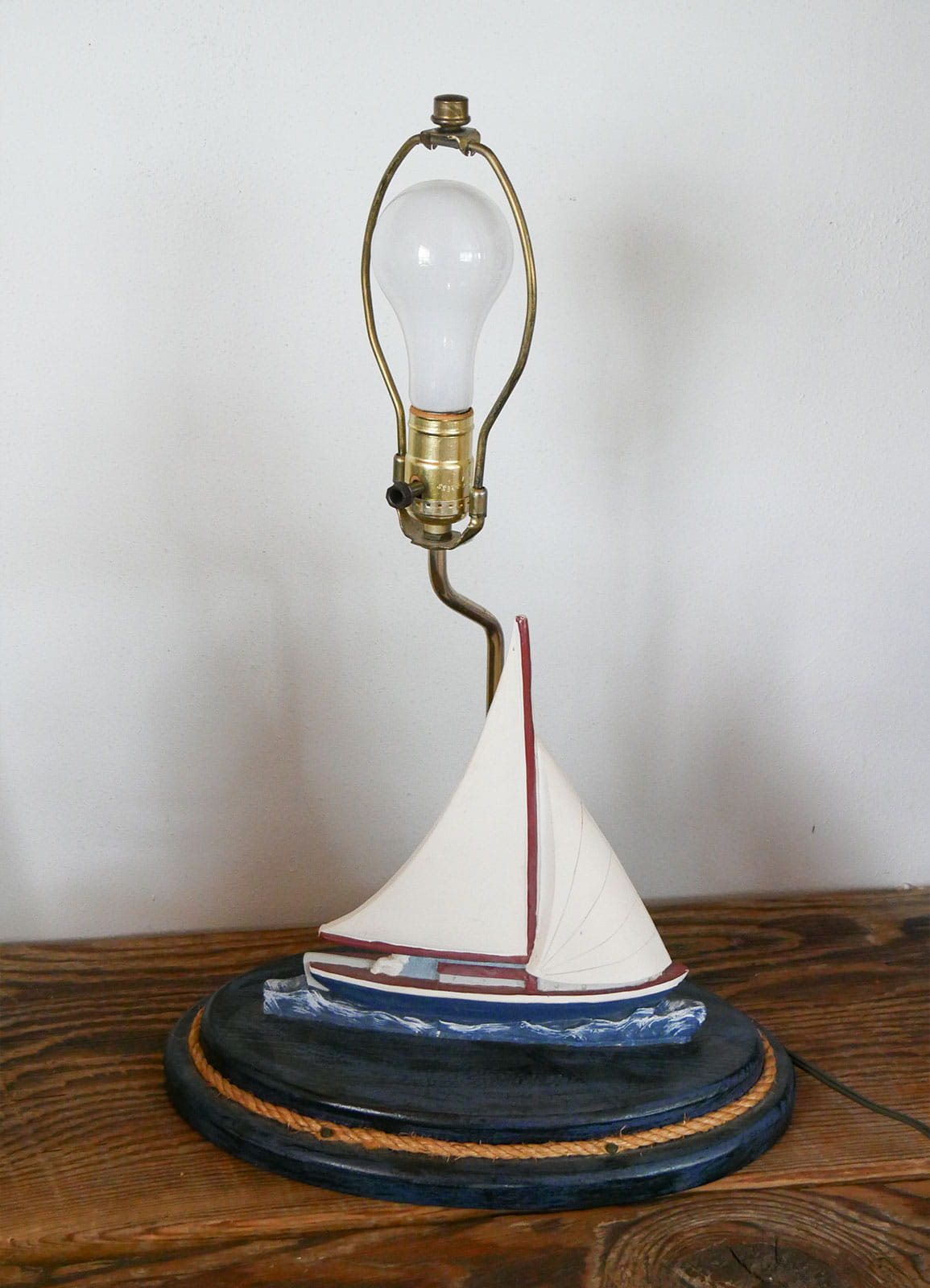 Vintage Wood Carved Sailboat Lamp, Vintage Nautical Lamp, VIntage COastal Lamp, Coastal Cottage Lamp, Vintage Sailboat Lamp
