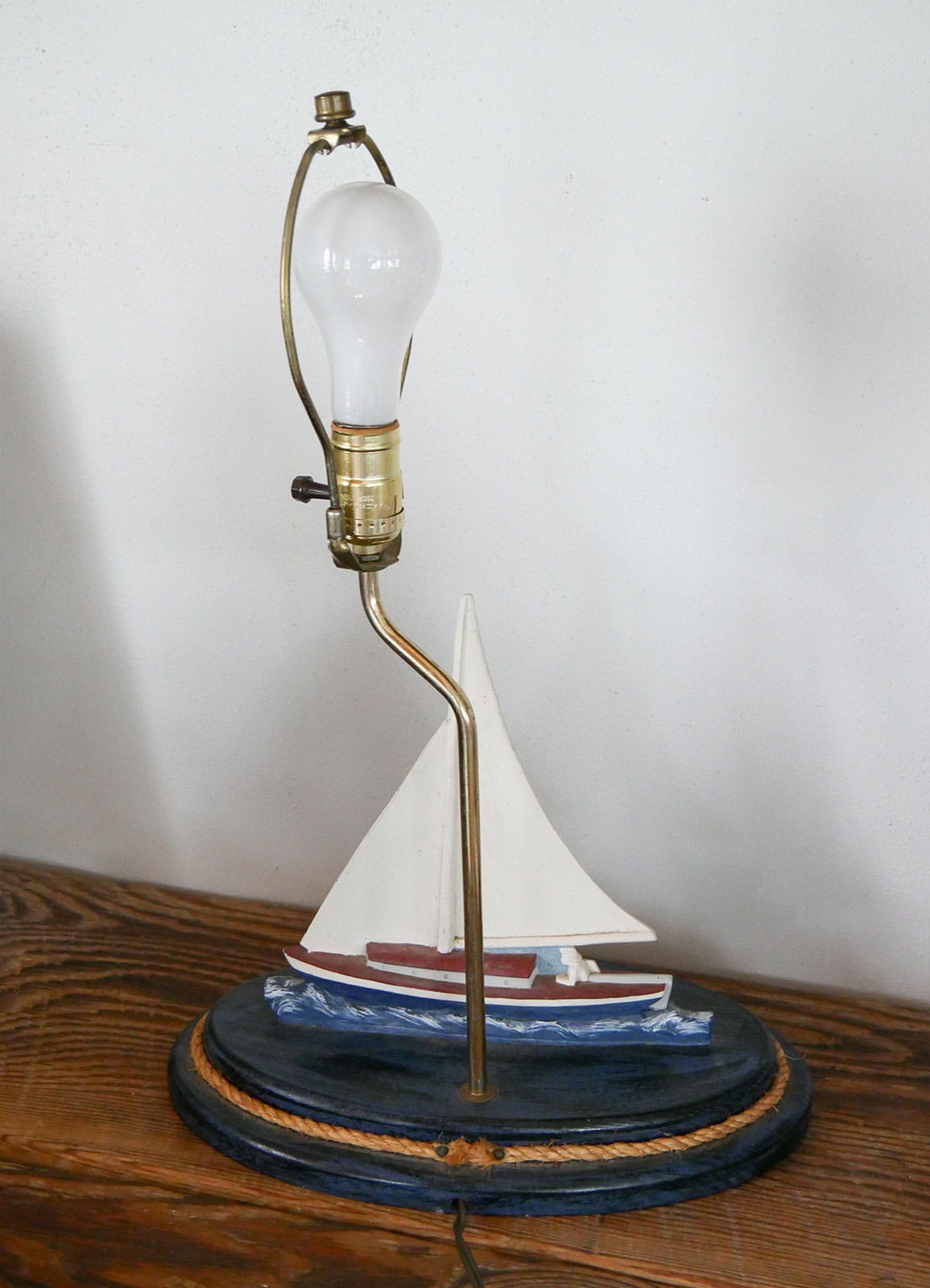 Vintage Wood Carved Sailboat Lamp, Vintage Nautical Lamp, VIntage COastal Lamp, Coastal Cottage Lamp, Vintage Sailboat Lamp