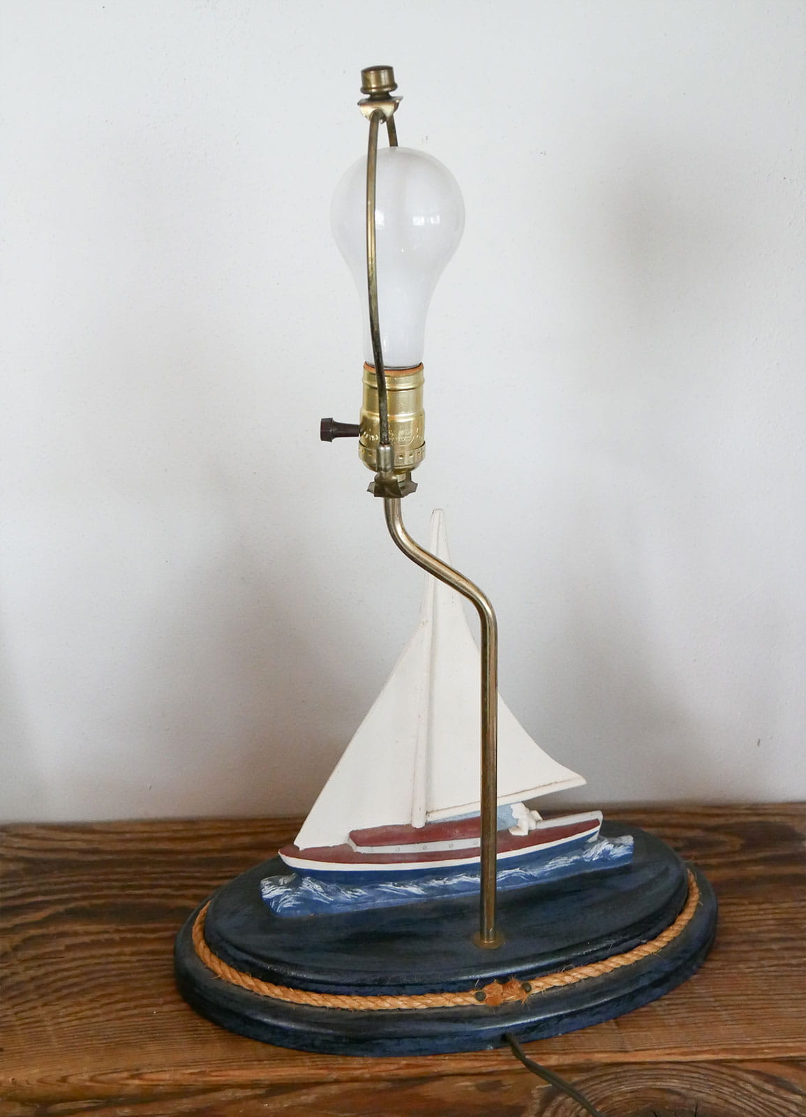 Vintage Wood Carved Sailboat Lamp, Vintage Nautical Lamp, VIntage COastal Lamp, Coastal Cottage Lamp, Vintage Sailboat Lamp