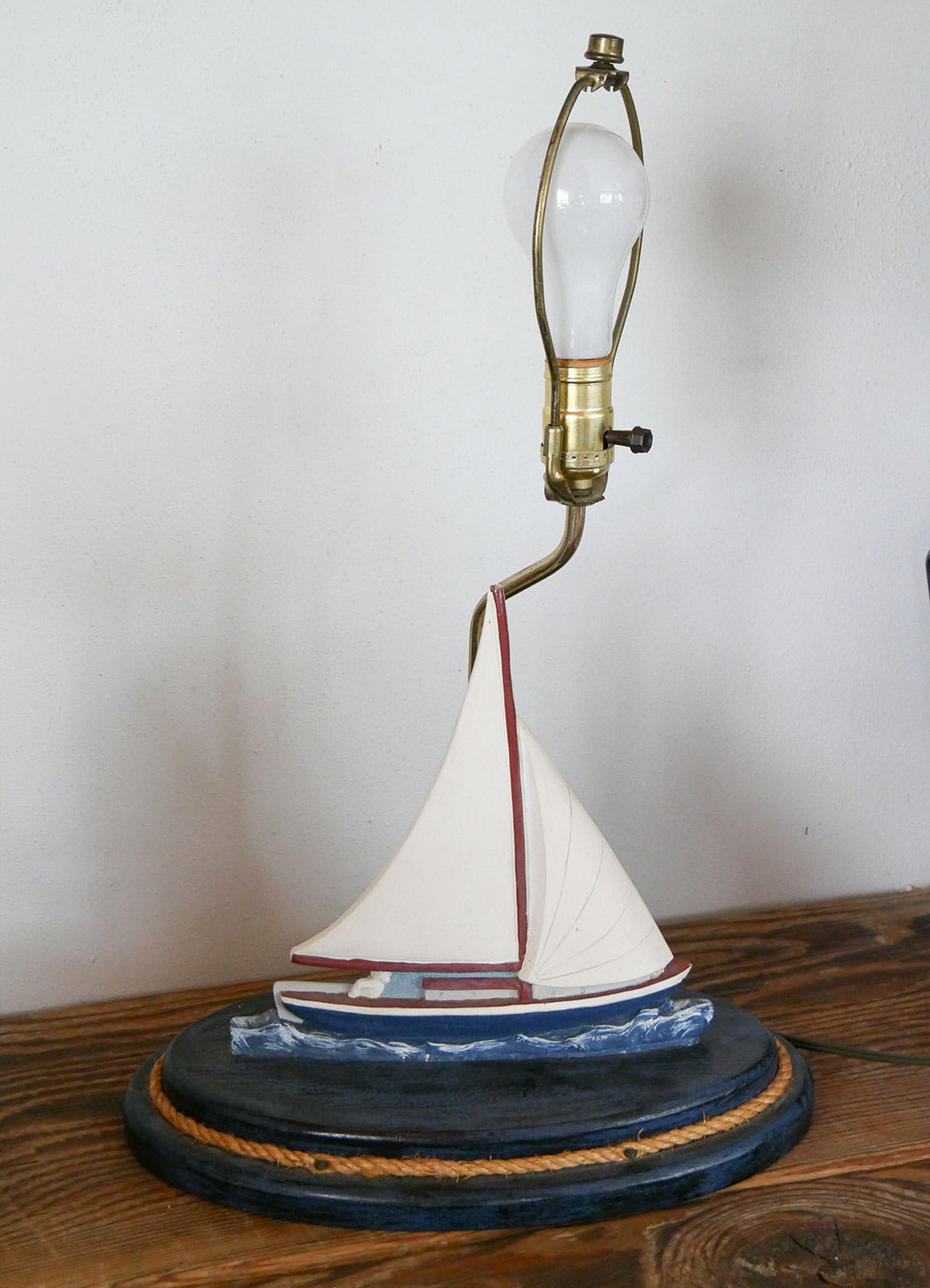 Vintage Wood Carved Sailboat Lamp, Vintage Nautical Lamp, VIntage COastal Lamp, Coastal Cottage Lamp, Vintage Sailboat Lamp