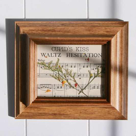 Wooden Framed Vintage Waltz Music Sheet with Pressed Flowers, Vintage Music Wall Decor