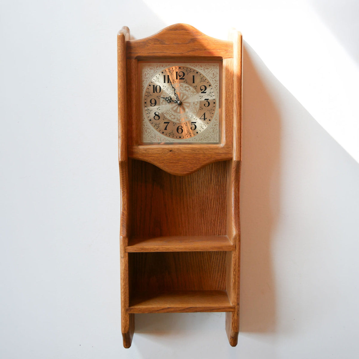 Vintage Oak Wall Mounted Clock with Shelves, Farmhouse Clock, Cottagecore Clock, Vintage Wall Clock, Oak Wall Clock, Vintage Wall Clock with Shelves