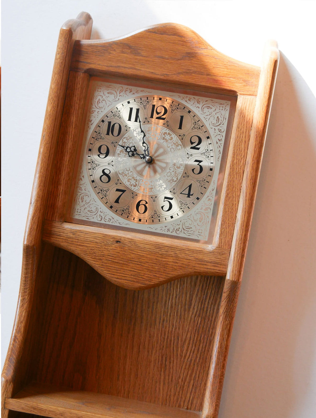 Vintage Oak Wall Mounted Clock with Shelves, Farmhouse Clock, Cottagecore Clock, Vintage Wall Clock, Oak Wall Clock, Vintage Wall Clock with Shelves