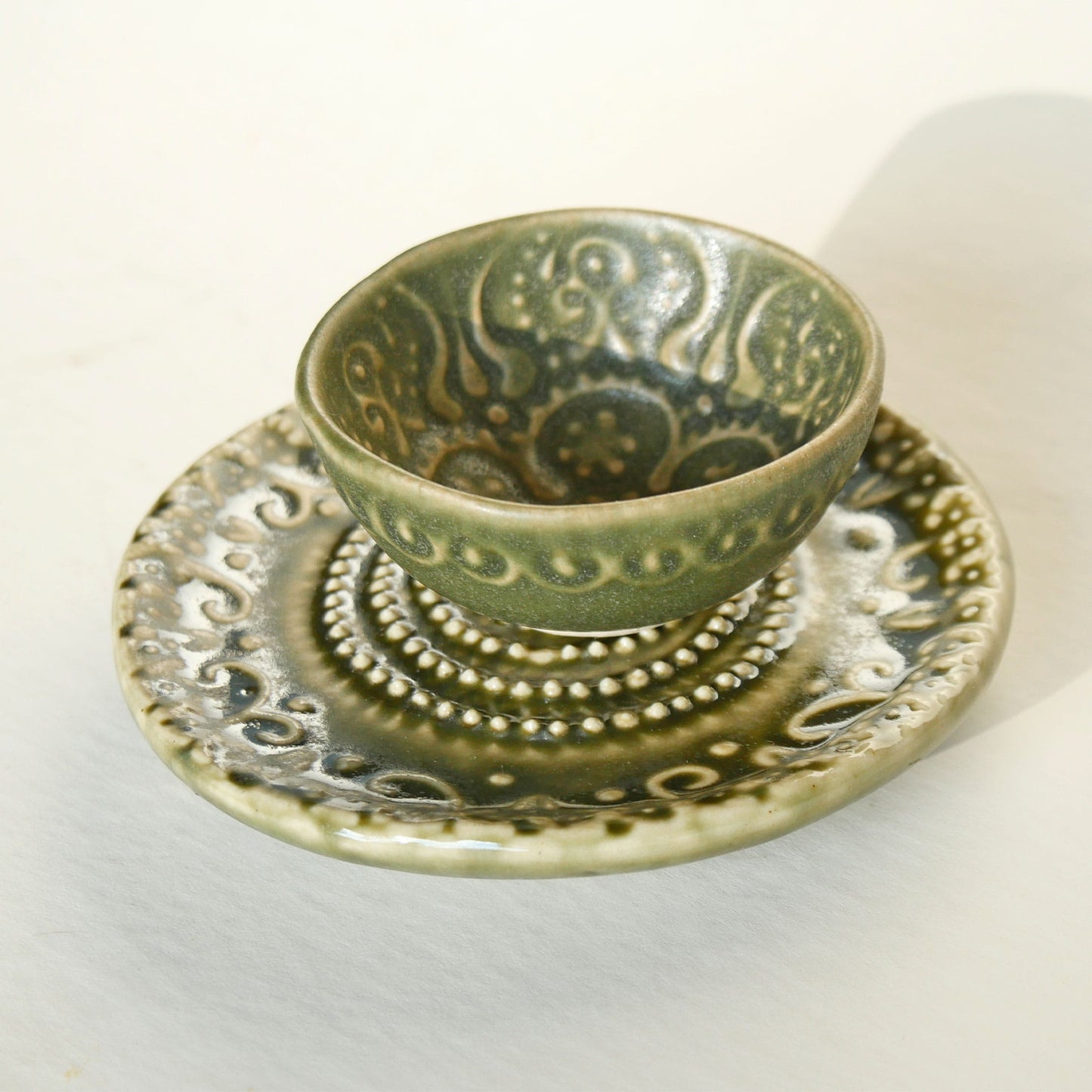 Olive Green Mini Ceramic Bowl and Saucer Pottery, Vintage Ring Dish, Ceramic Green Pottery Dish, Vintage Green Ring Dish, Vintage Pottery Ring Dish