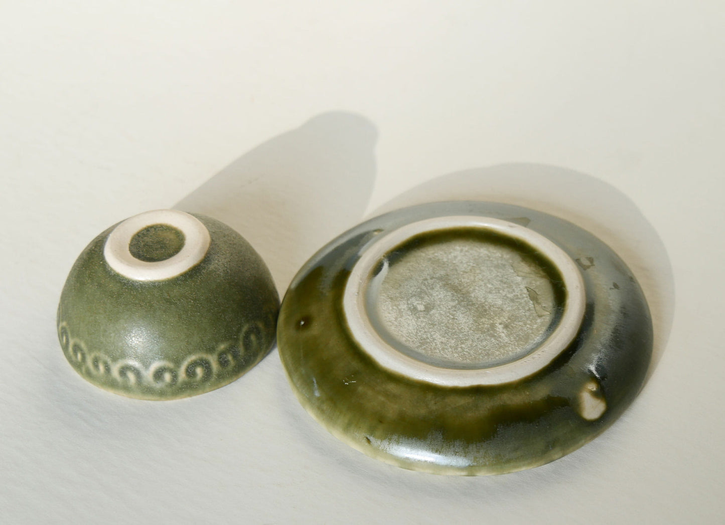 Olive Green Mini Ceramic Bowl and Saucer Pottery, Vintage Ring Dish, Ceramic Green Pottery Dish, Vintage Green Ring Dish, Vintage Pottery Ring Dish