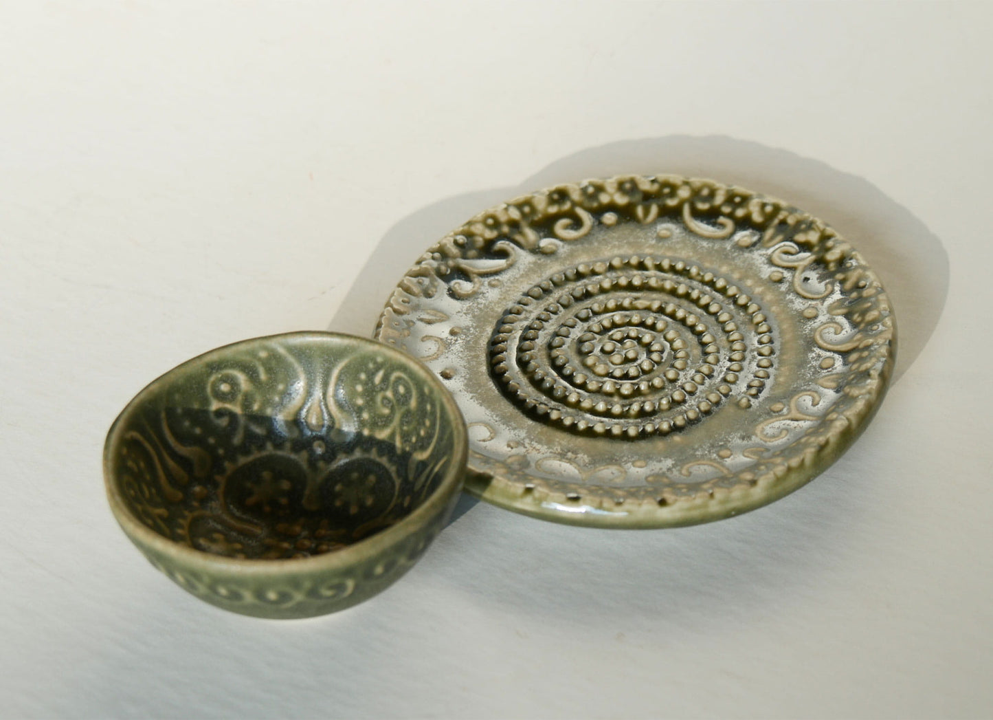 Olive Green Mini Ceramic Bowl and Saucer Pottery, Vintage Ring Dish, Ceramic Green Pottery Dish, Vintage Green Ring Dish, Vintage Pottery Ring Dish