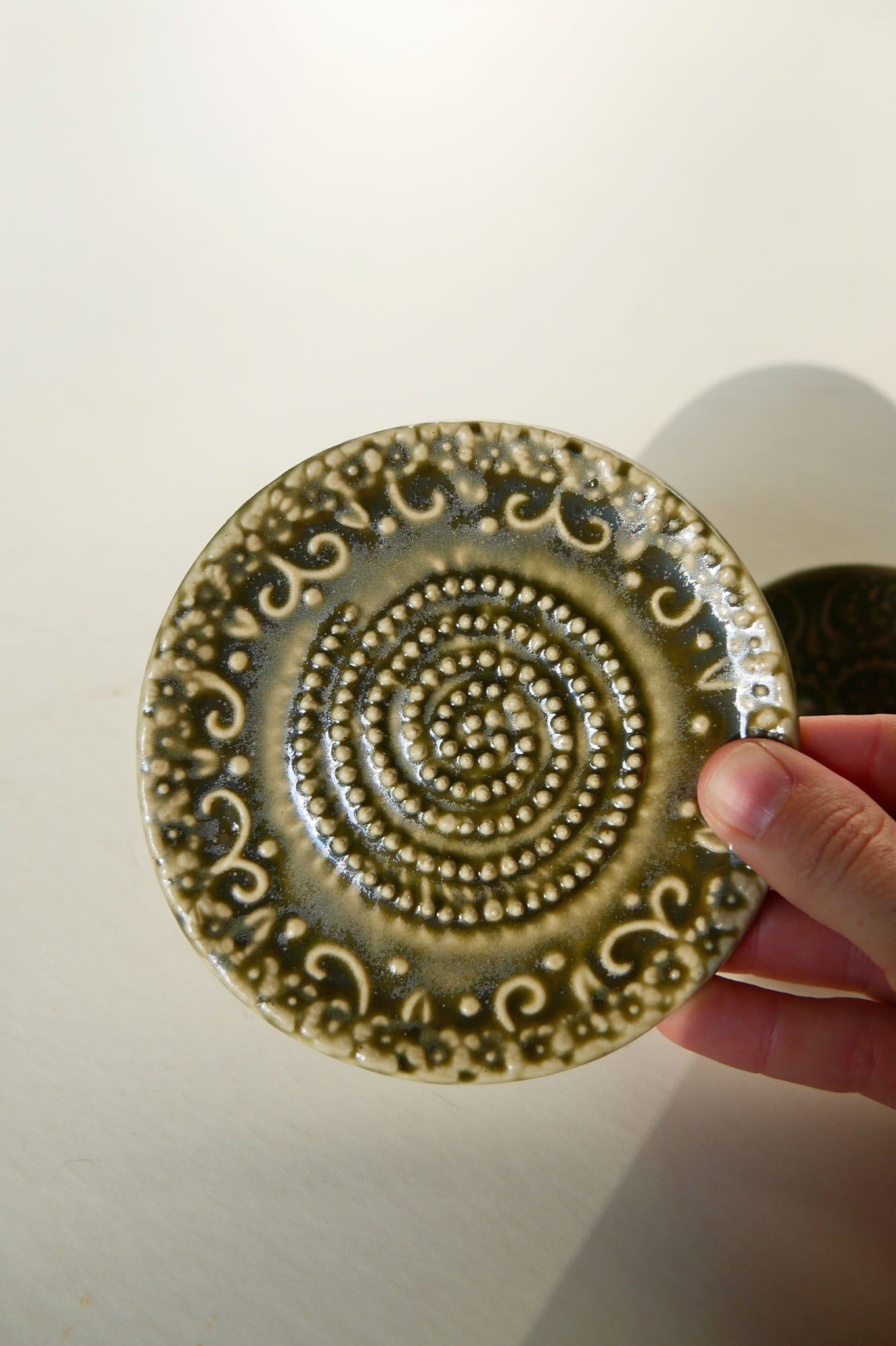 Olive Green Mini Ceramic Bowl and Saucer Pottery, Vintage Ring Dish, Ceramic Green Pottery Dish, Vintage Green Ring Dish, Vintage Pottery Ring Dish