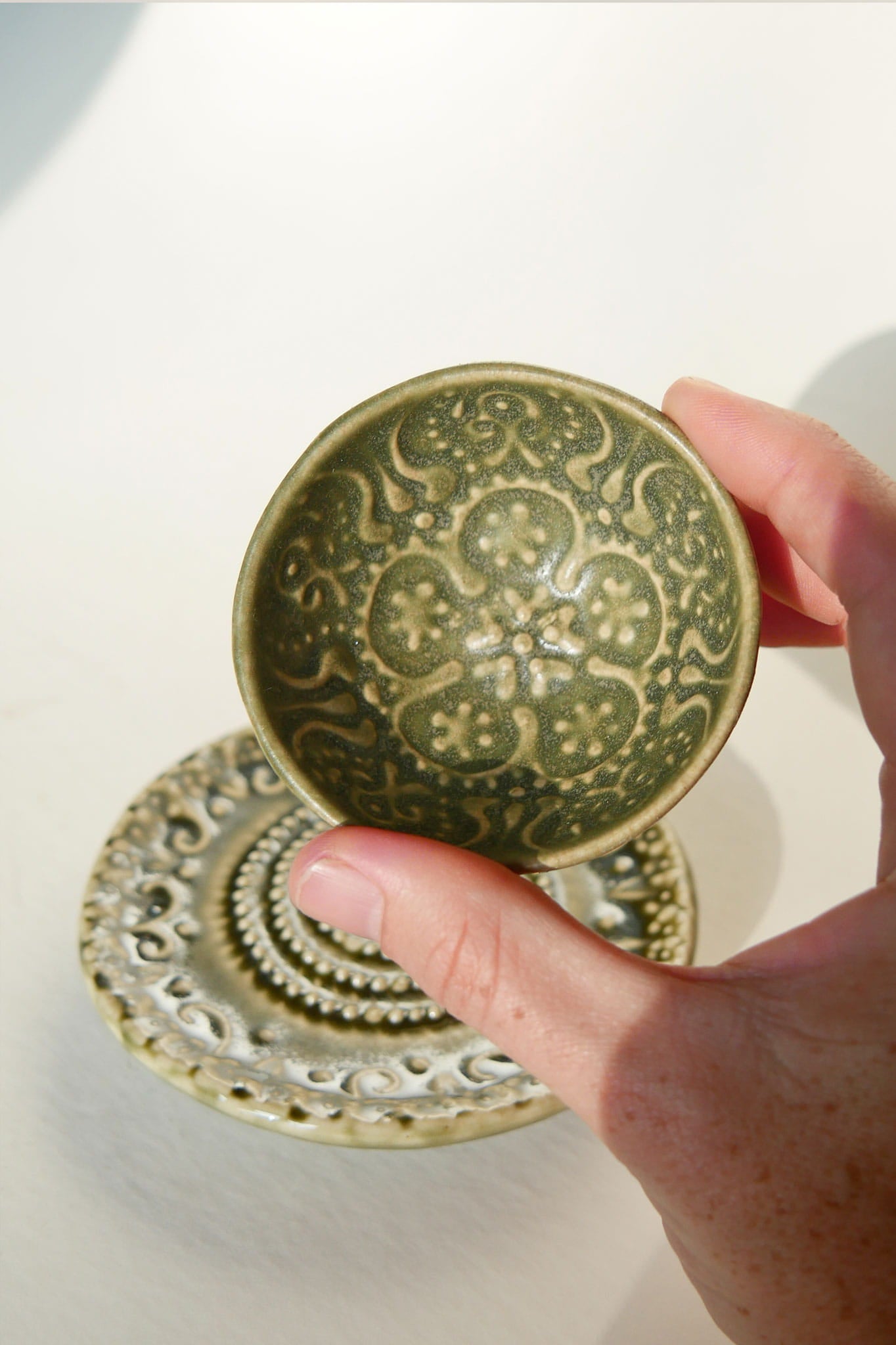 Olive Green Mini Ceramic Bowl and Saucer Pottery, Vintage Ring Dish, Ceramic Green Pottery Dish, Vintage Green Ring Dish, Vintage Pottery Ring Dish