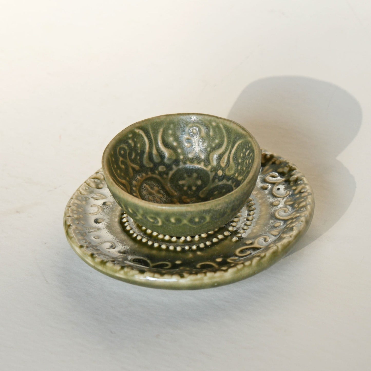 Olive Green Mini Ceramic Bowl and Saucer Pottery, Vintage Ring Dish, Ceramic Green Pottery Dish, Vintage Green Ring Dish, Vintage Pottery Ring Dish