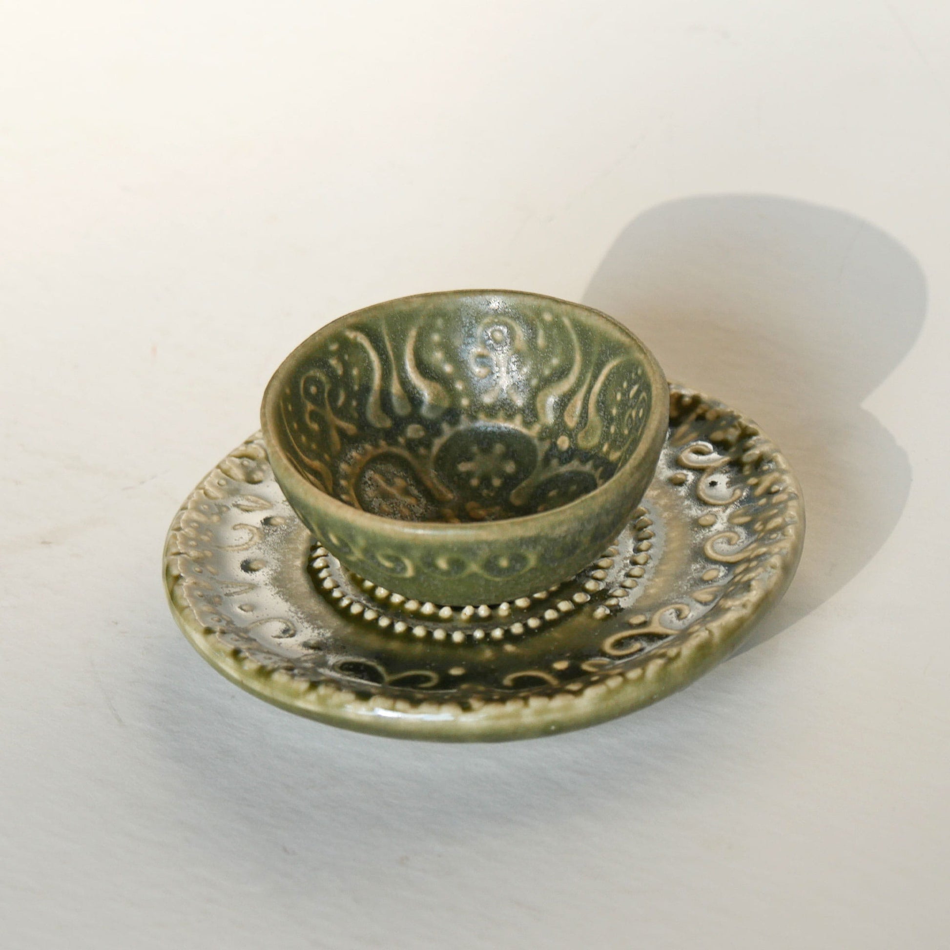 Olive Green Mini Ceramic Bowl and Saucer Pottery, Vintage Ring Dish, Ceramic Green Pottery Dish, Vintage Green Ring Dish, Vintage Pottery Ring Dish