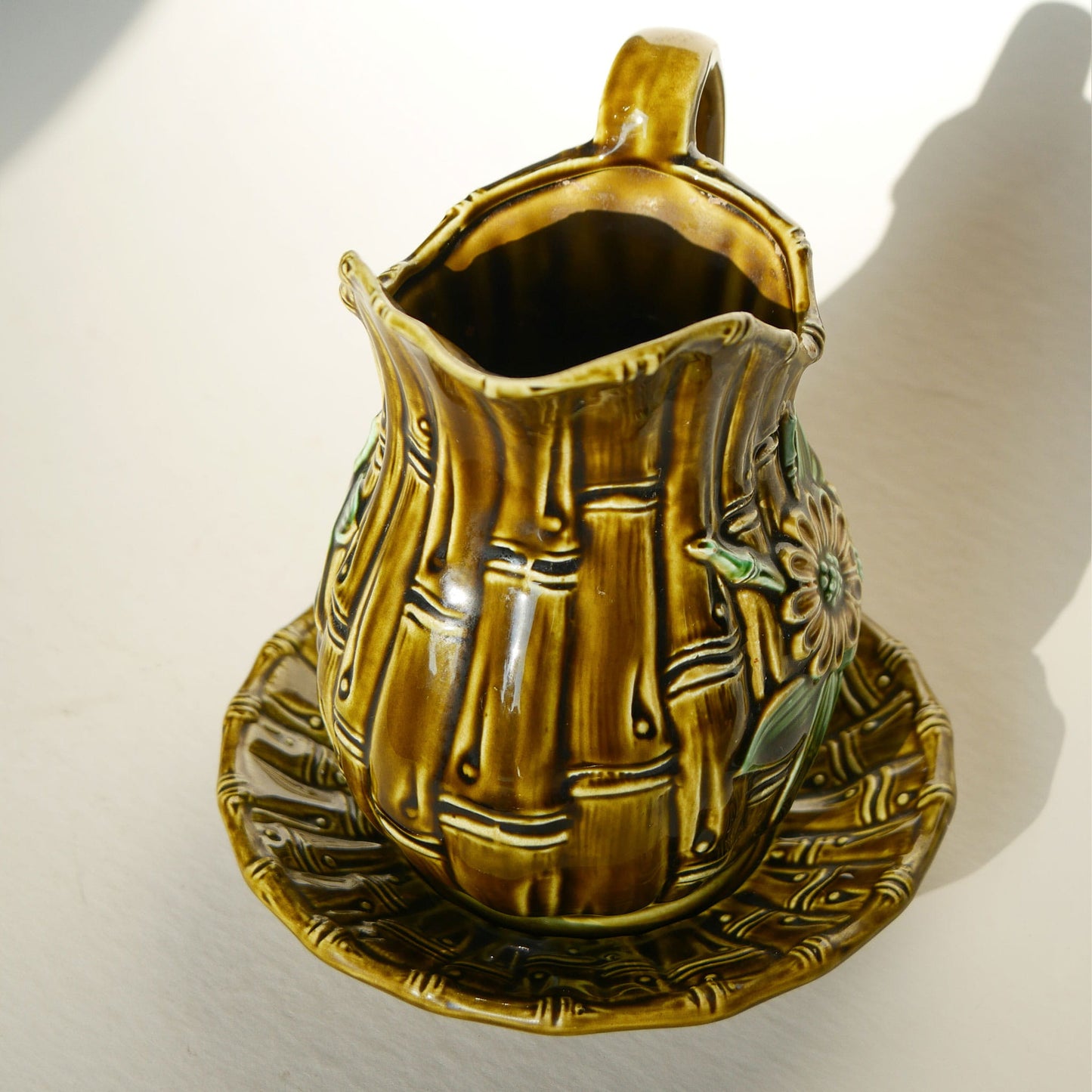 Vintage Olive Green Pitcher and Saucer, Bamboo Design, Vintage Made in Japan Bamboo Pitcher, Vintage Bamboo Pitcher, Green Bamboo Pitcher