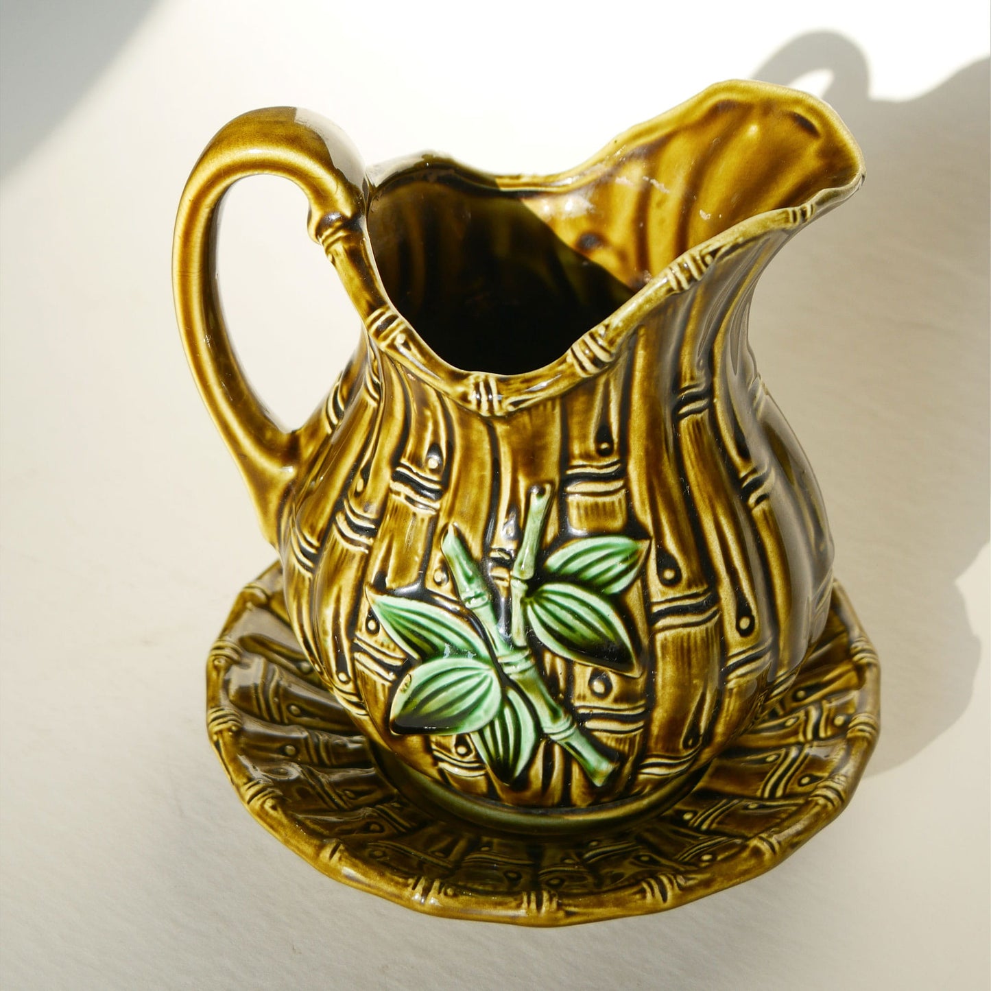 Vintage Olive Green Pitcher and Saucer, Bamboo Design, Vintage Made in Japan Bamboo Pitcher, Vintage Bamboo Pitcher, Green Bamboo Pitcher