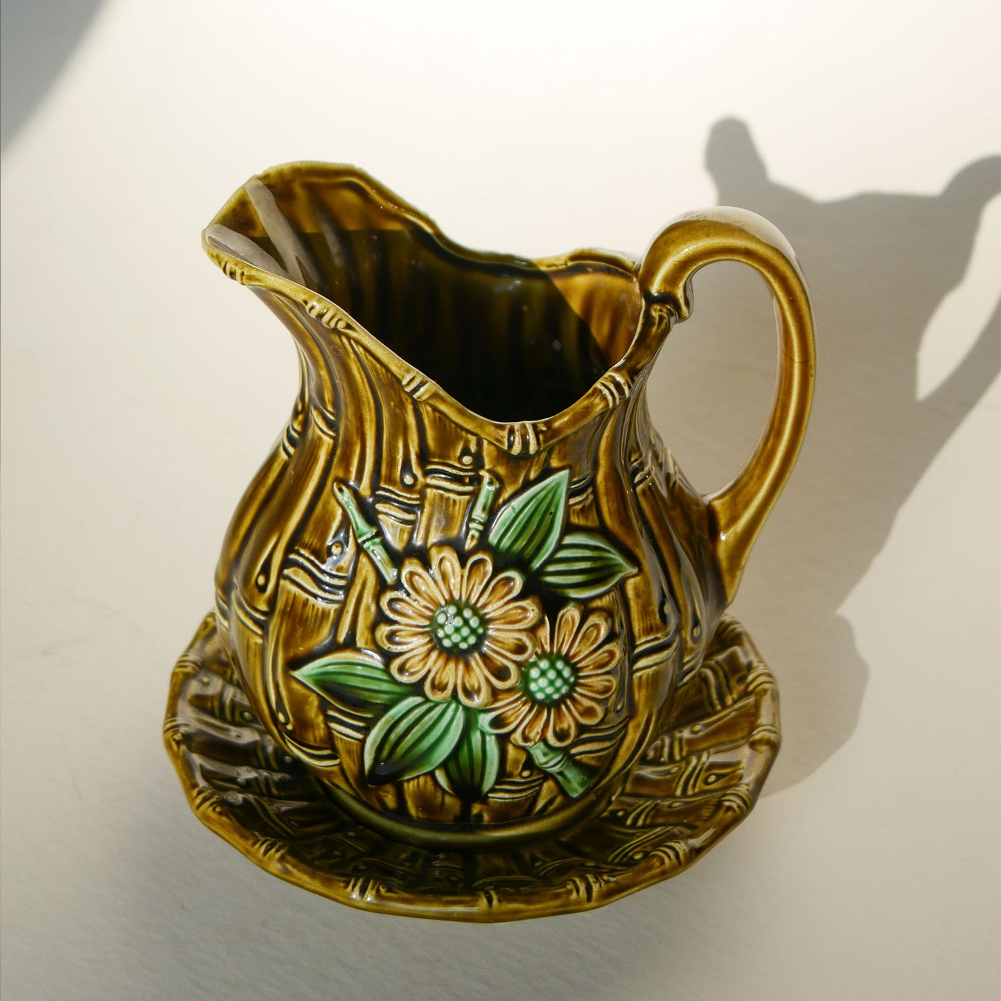 Vintage Olive Green Pitcher and Saucer, Bamboo Design, Vintage Made in Japan Bamboo Pitcher, Vintage Bamboo Pitcher, Green Bamboo Pitcher