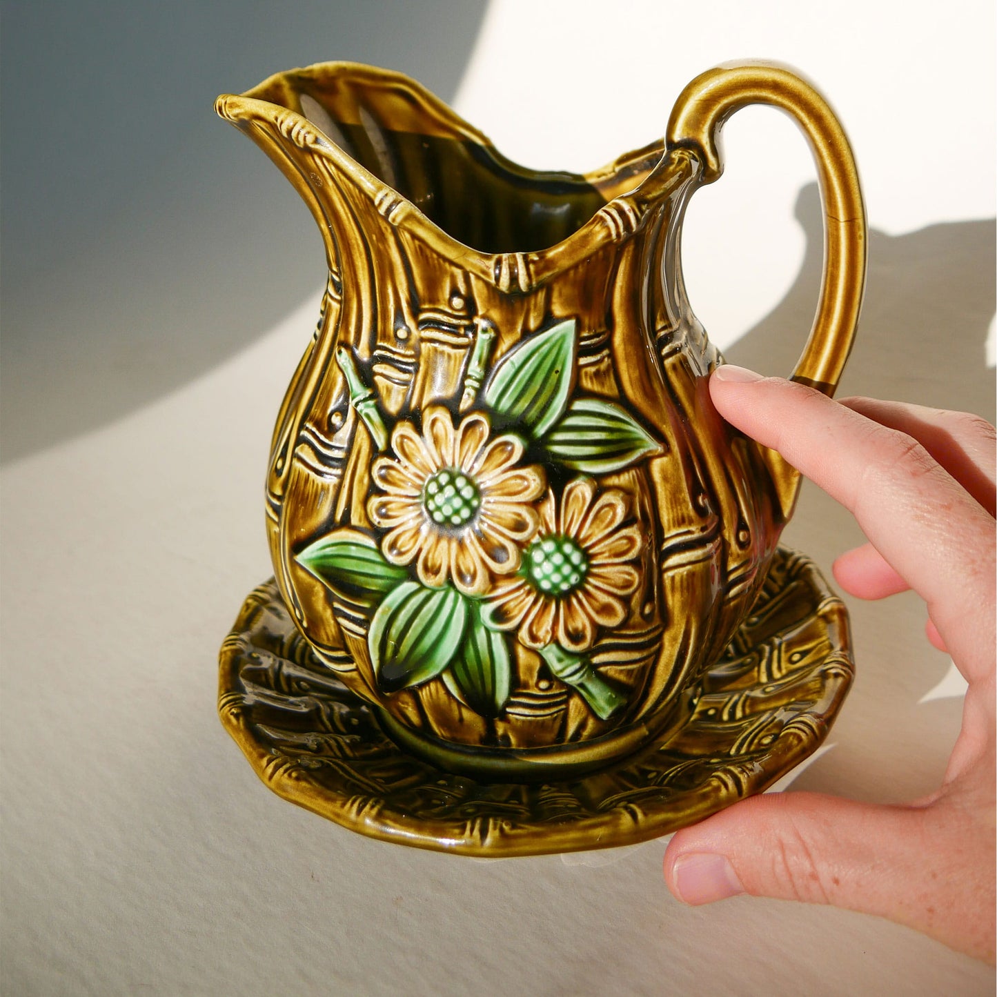 Vintage Olive Green Pitcher and Saucer, Bamboo Design, Vintage Made in Japan Bamboo Pitcher, Vintage Bamboo Pitcher, Green Bamboo Pitcher