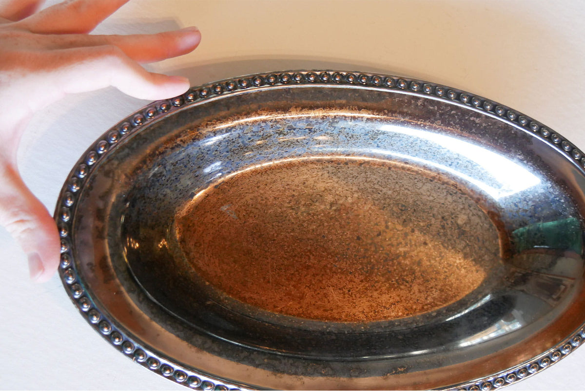 Vintage Oval Silver-Plated Bread Tray, Oval Bread Tray, Vintage Patina Oval Tray, Vintage Silver Bread Tray, Beaded Border Bread Tray, Vintage Platter, Primitive Platter, Vintage Farmhouse Platter, Vintage COttage Platter