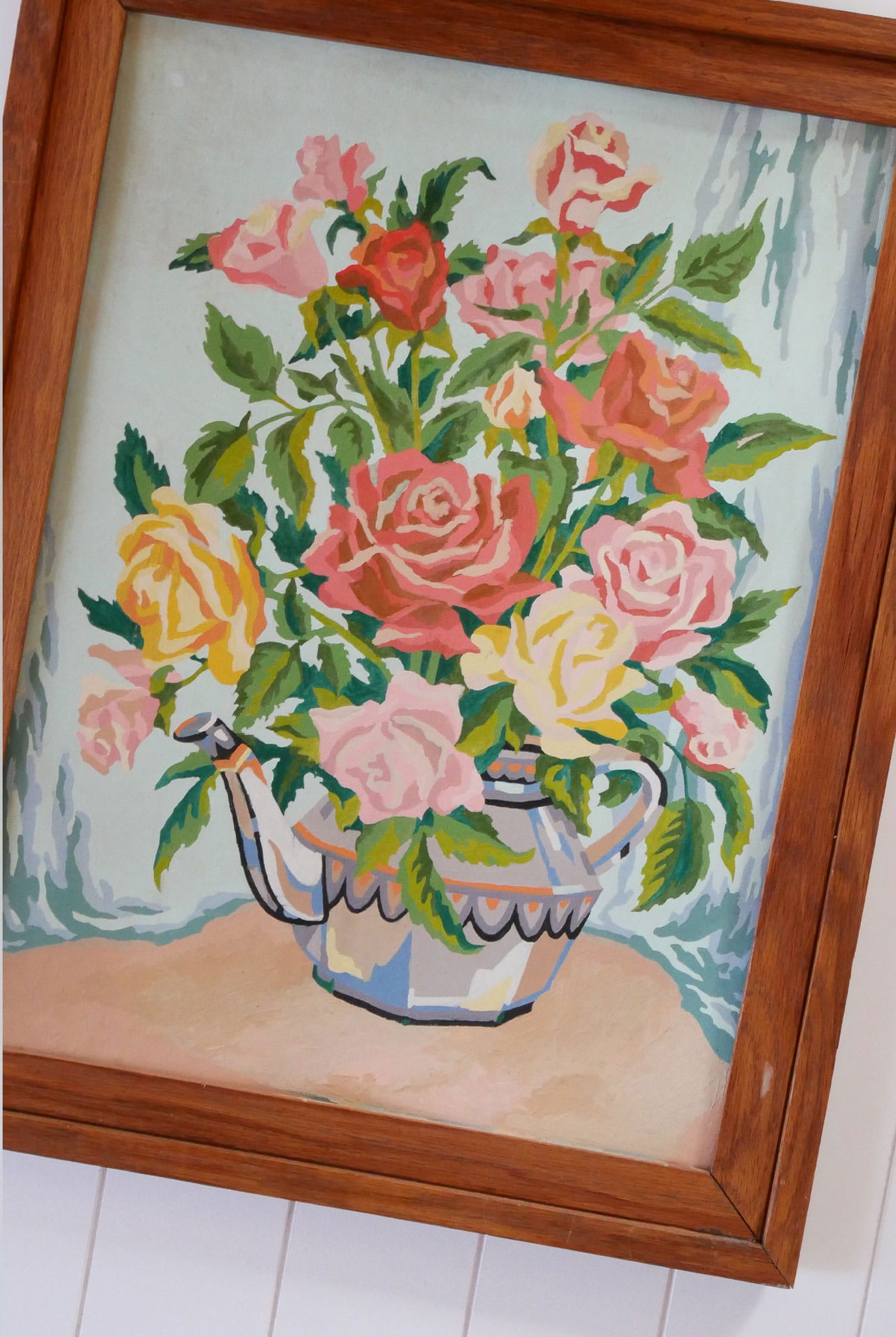 Vintage Rose in Teapot Paint by Numbers Artwork, Cottagecore Artwork, Cottagecore Floral Artwork, Vintage Floral Artwork, Vintage Pastel Floral ARtwork, Vintage Cottage Artwork, Vintage Wall Decor