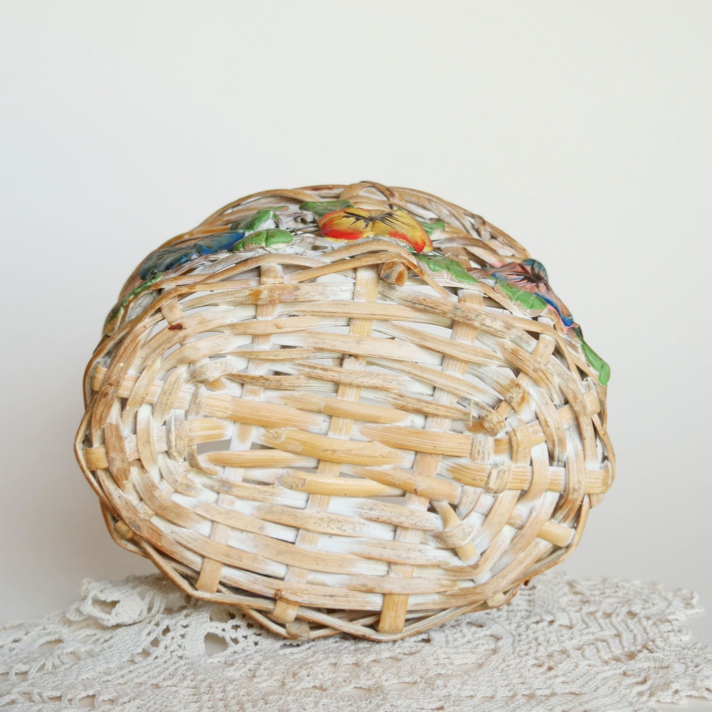 Vintage Painted Floral Wicker and Wood Basket with Handle Vintage Floral Basket Vintage Wire Basket Vintage Flower Basket