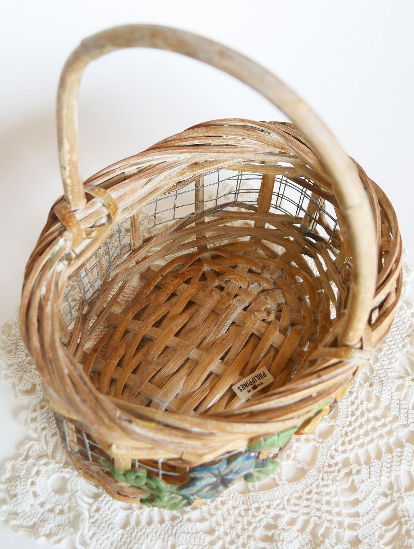 Vintage Painted Floral Wicker and Wood Basket with Handle Vintage Floral Basket Vintage Wire Basket Vintage Flower Basket