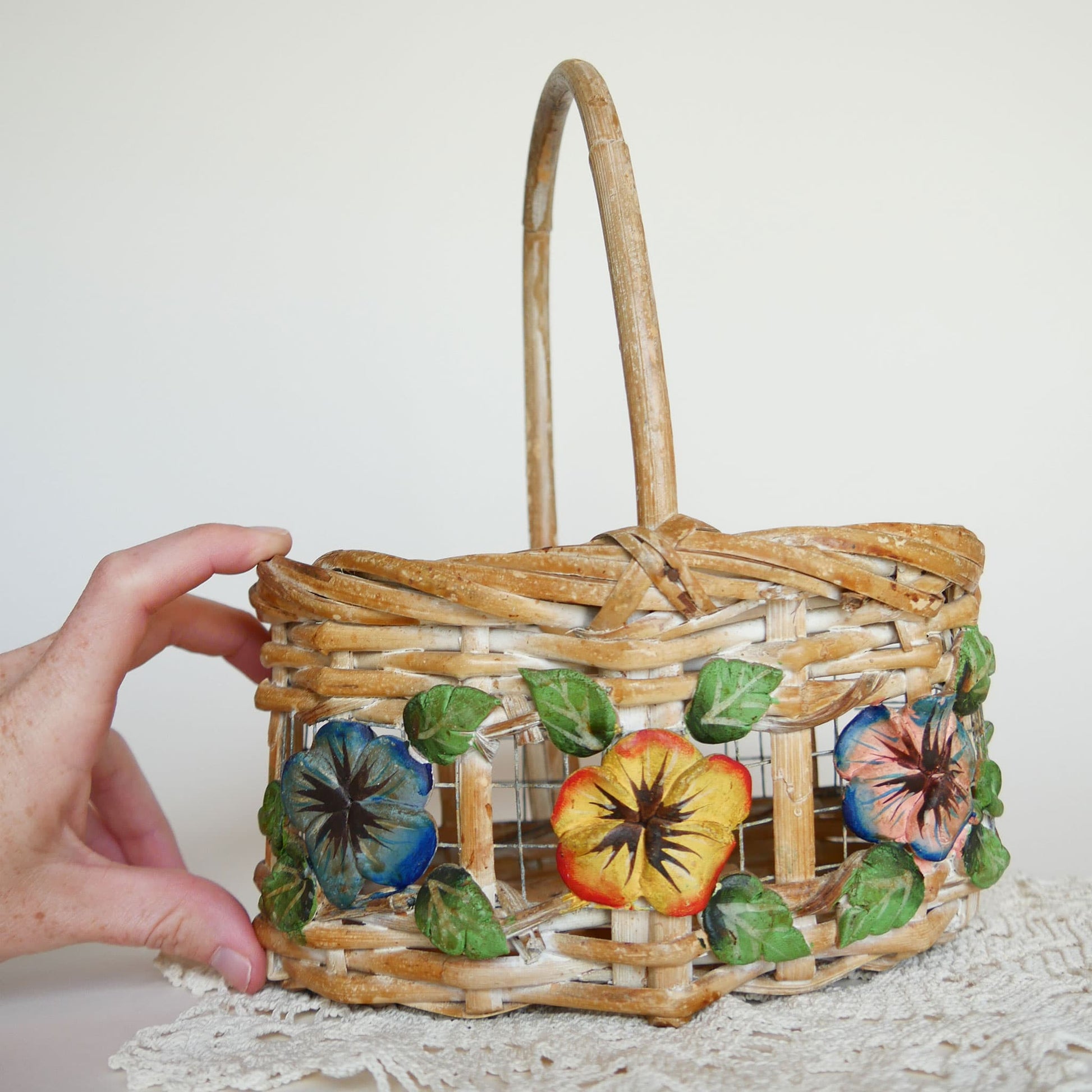 Vintage Painted Floral Wicker and Wood Basket with Handle Vintage Floral Basket Vintage Wire Basket Vintage Flower Basket