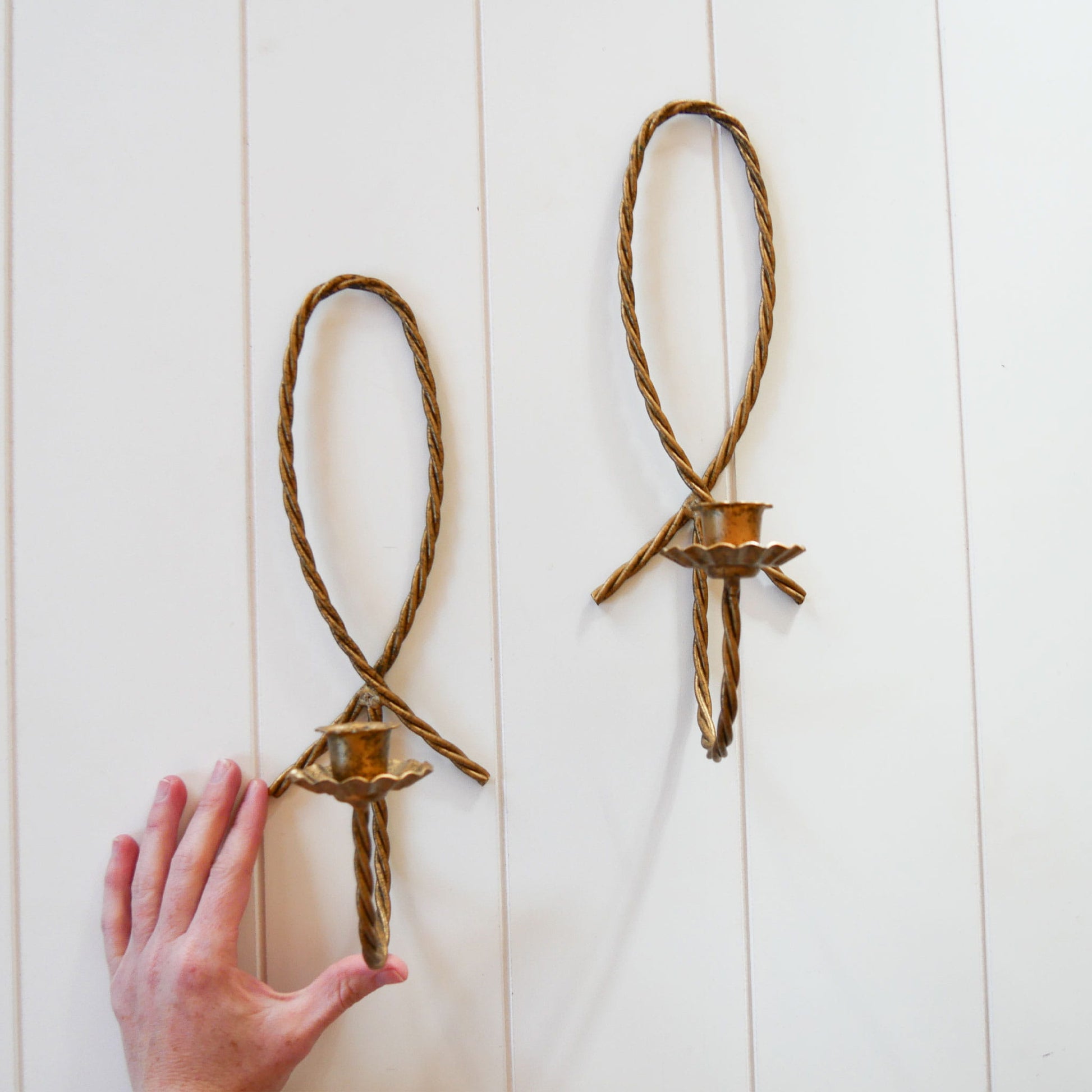 Vintage Rope Twisted Candlestick Sconces, Vintage Candle Sconces, Vintage Gold Candle Sconces, Vintage Wall Decor