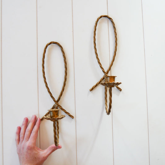 Vintage Rope Twisted Candlestick Sconces, Vintage Candle Sconces, Vintage Gold Candle Sconces, Vintage Wall Decor